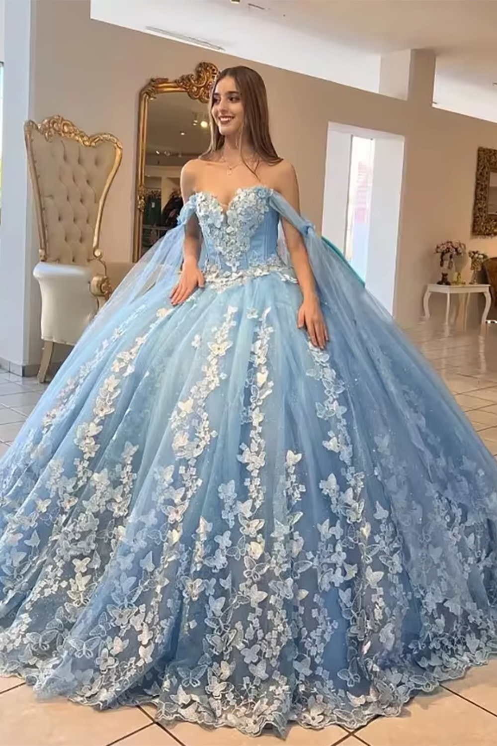 Navy Blue Quinceañera Dress - Long Sleeves, Tulle Appliqued Sweet 16 Gown