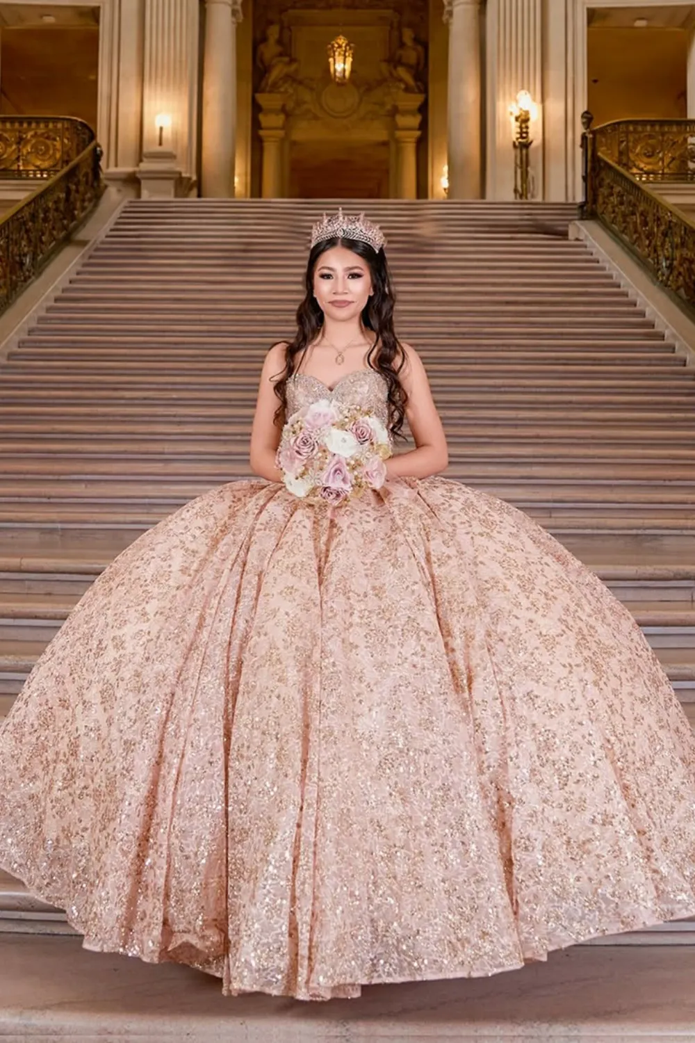 Dusty Rose Sparkly Sequins Tulle Long Quinceanera Dress Beaded Strapless Princess Masquerade Ball Gown Sweet 16 Dress with Bow