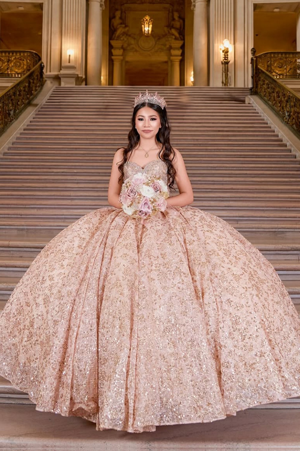 Sparkly Dusty Rose Sequins Off the Shoulder Ball Gown Quinceanera Dress with Beading