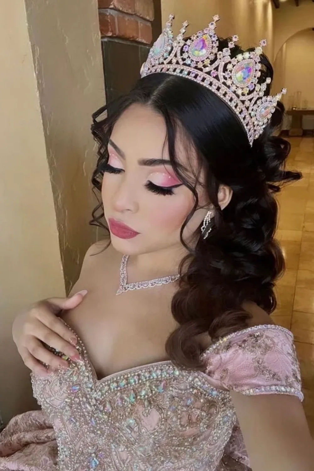 Sparkly Dusty Rose Sequins Off the Shoulder Ball Gown Quinceanera Dress with Beading