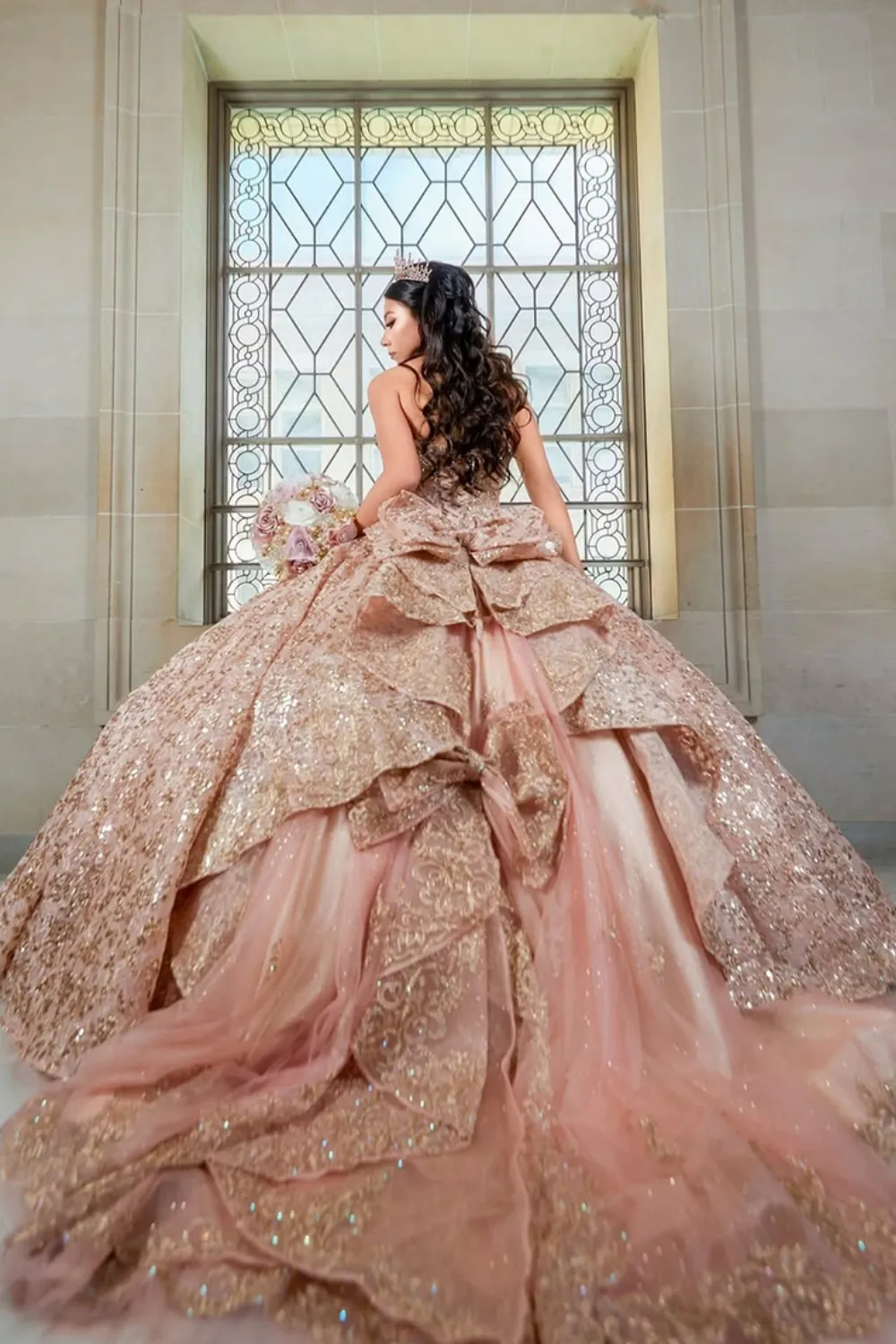 Sparkly Sequins Dusty Rose Strapless Ball Gown Quinceanera Dress with Beading