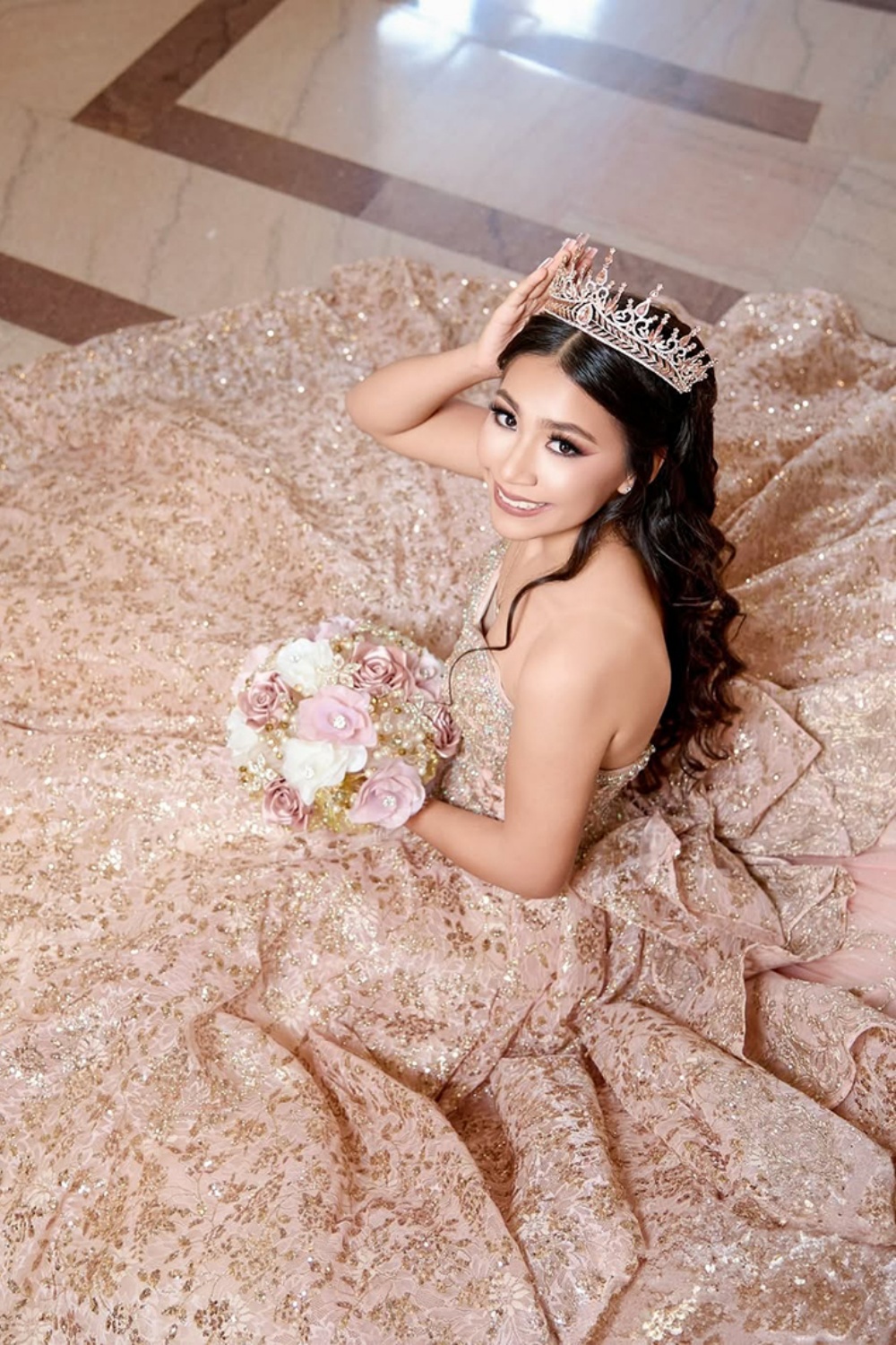 Sparkly Dusty Rose Sequins Off the Shoulder Ball Gown Quinceanera Dress with Beading