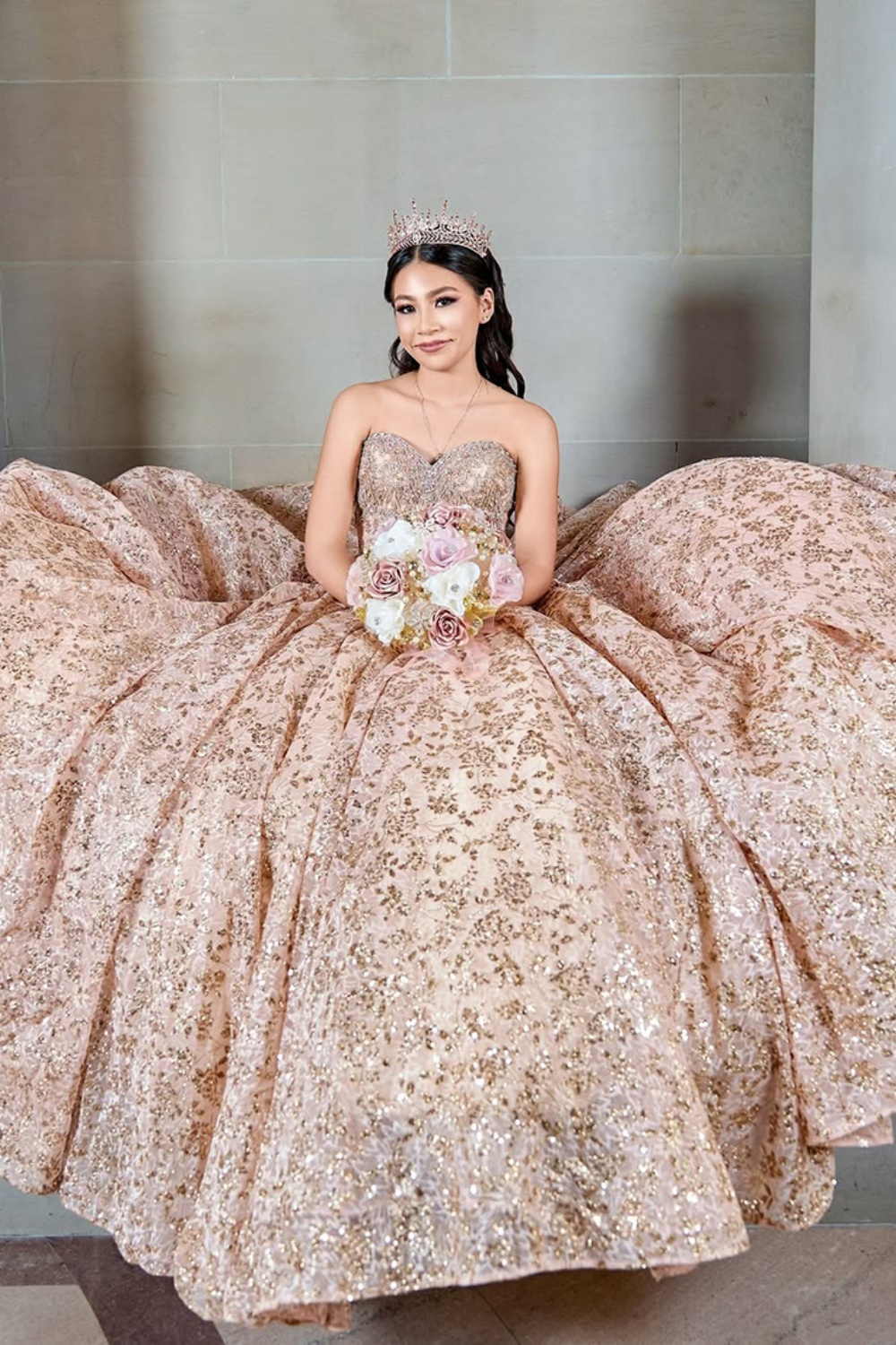 Sparkly Dusty Rose Sequins Off the Shoulder Ball Gown Quinceanera Dress with Beading