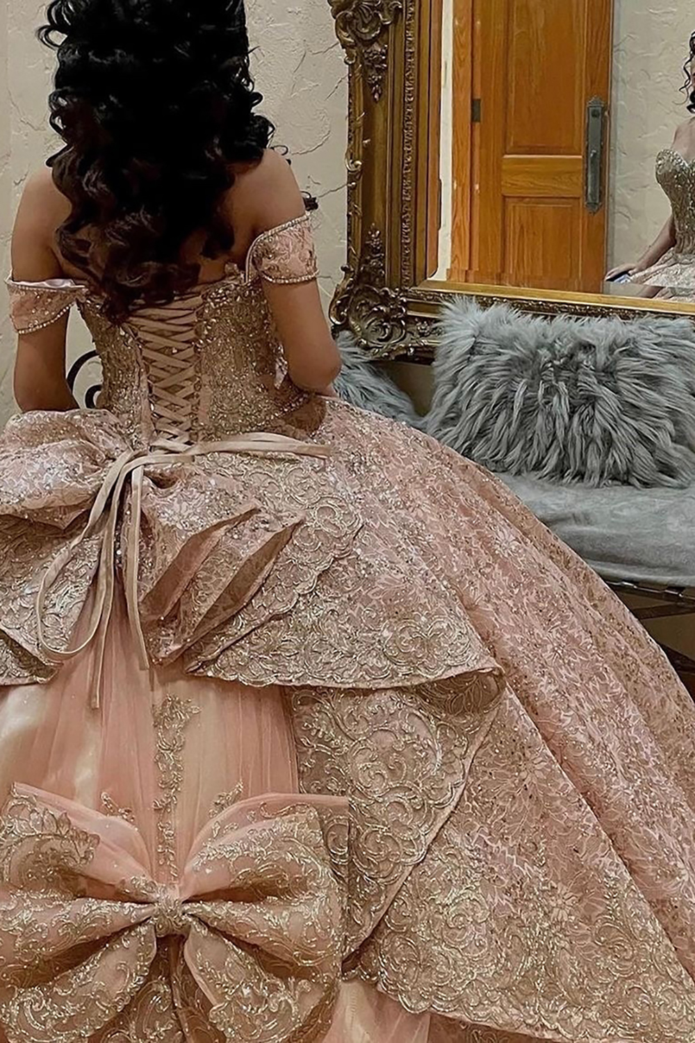 Hellymoon Women Sparkly Dusty Rose Sequins Long Quinceanera Dress with Beading Off the Shoulder Princess Corset Wedding Ball Gown 