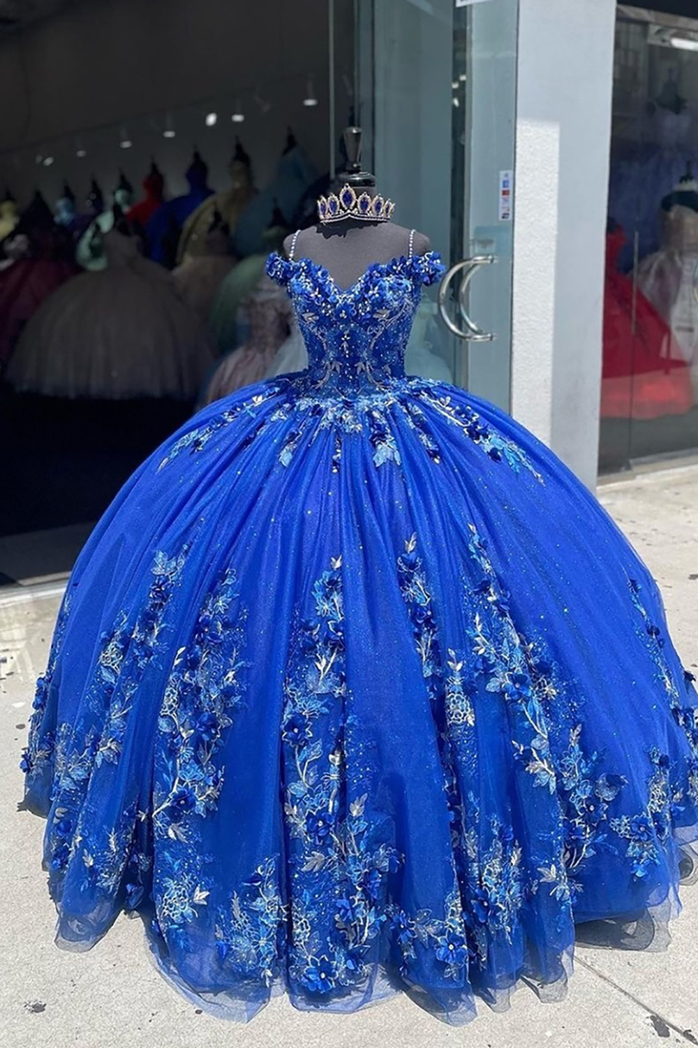 Glitter Royal Blue Tulle Princess Cold Shoulder Quinceanera Dress with Appliques