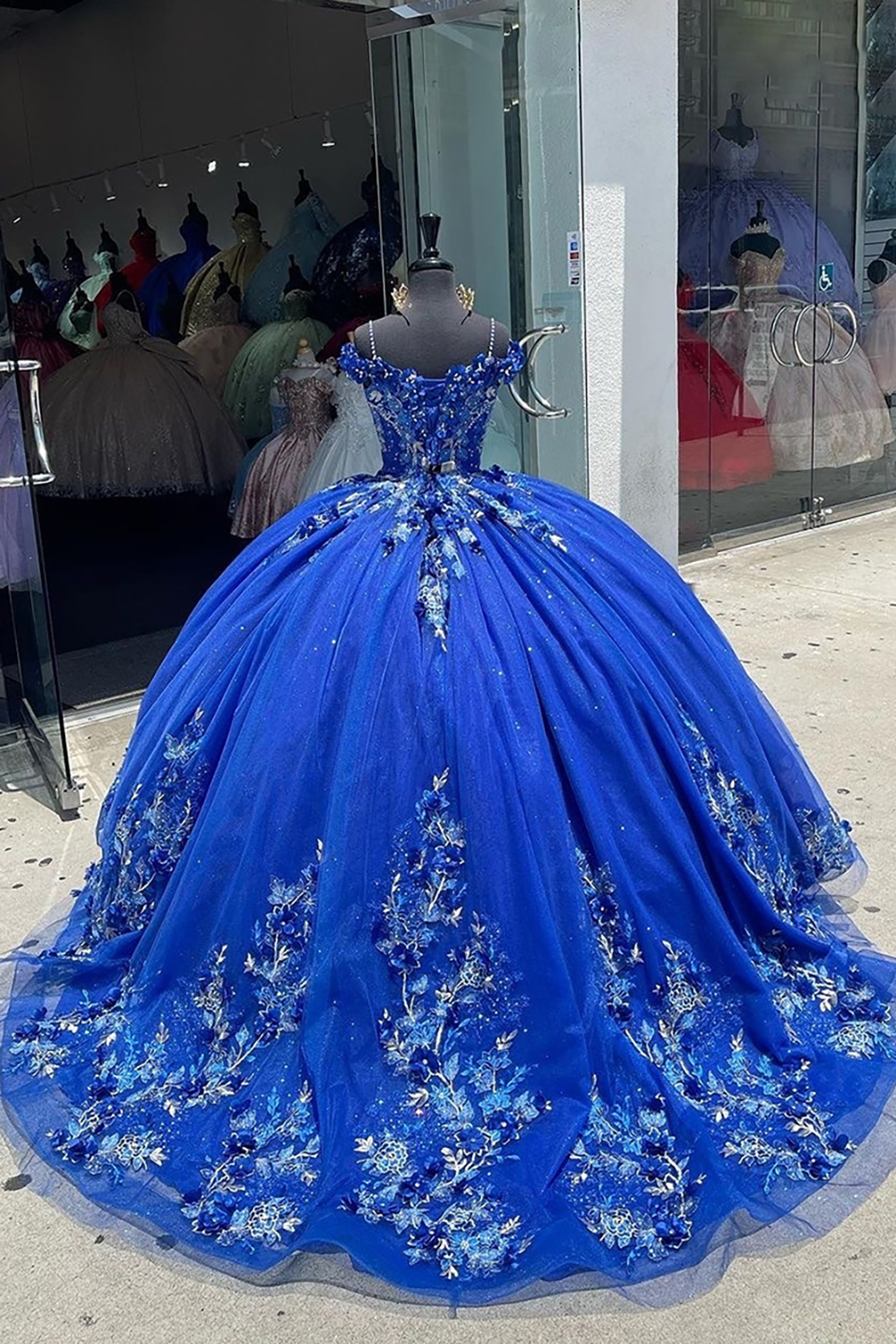 Glitter Royal Blue Tulle Princess Cold Shoulder Quinceanera Dress with Appliques