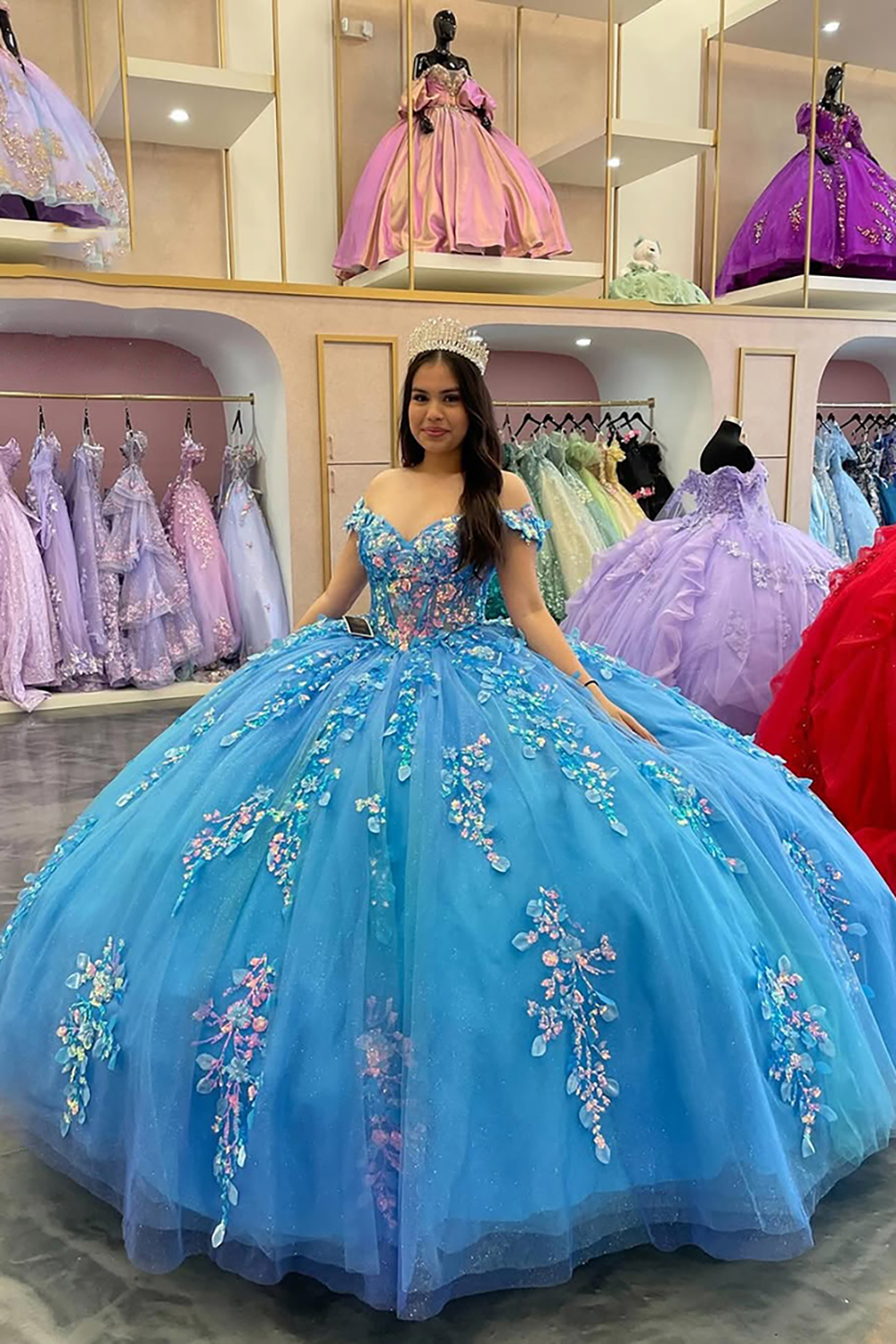 Blue Off the Shoulder Princess Tulle Quinceanera Dress with Appliques