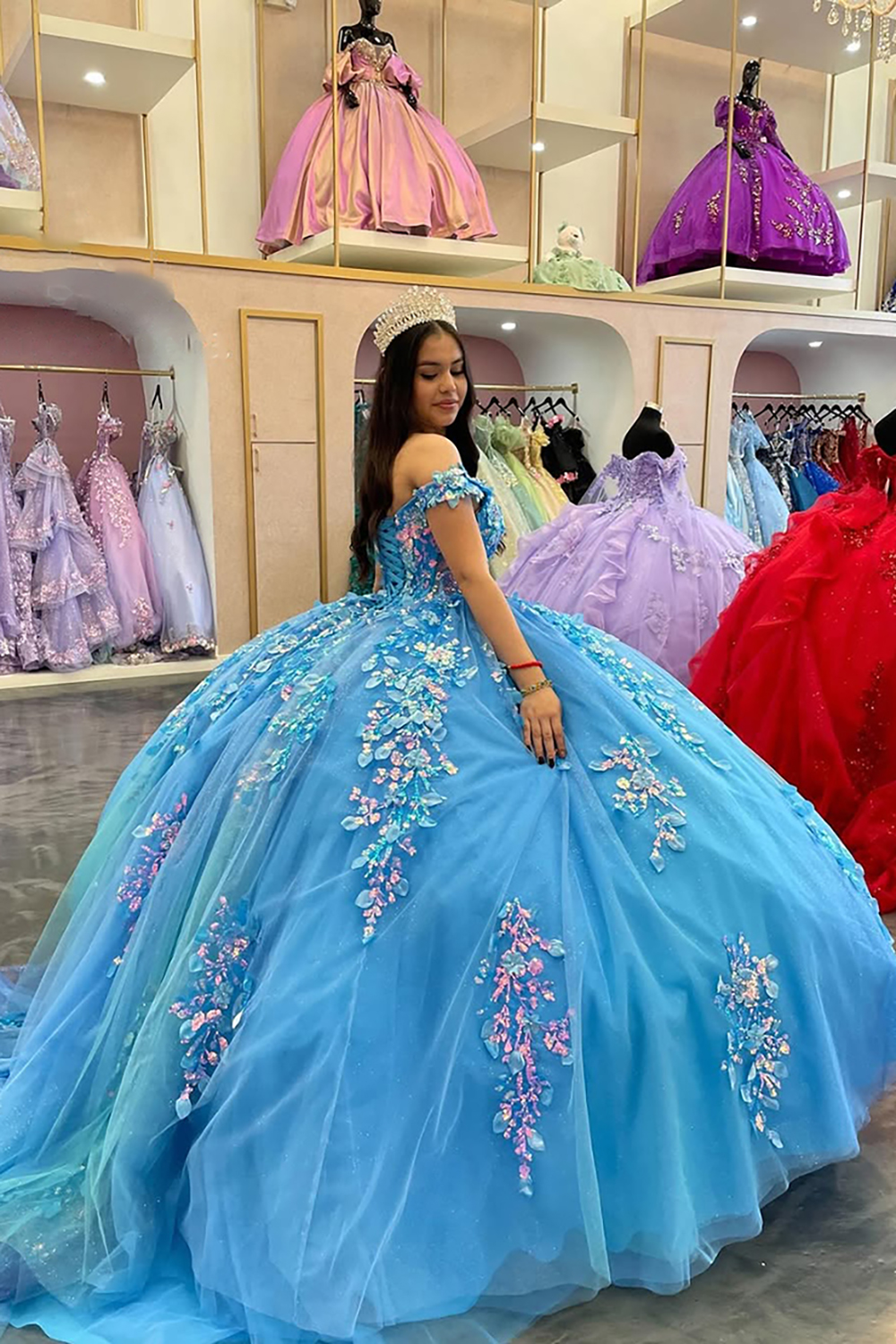 Blue Off the Shoulder Princess Tulle Quinceanera Dress with Appliques