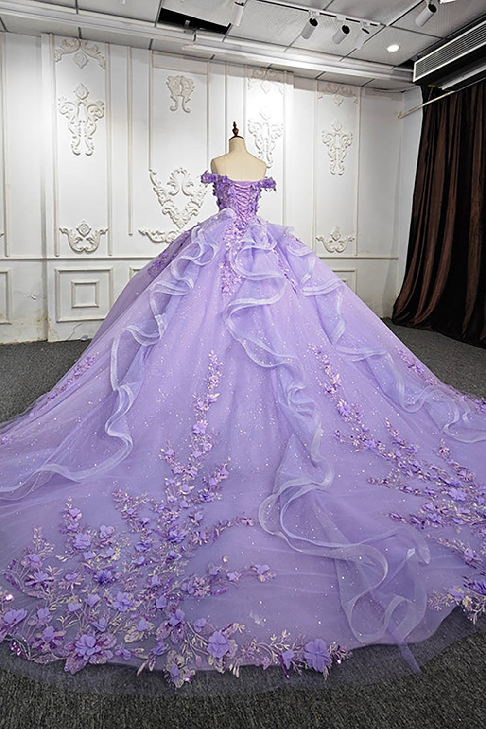 Lavender Off the Shoulder Ball Gown Tulle Quinceanera Dress with Appliques
