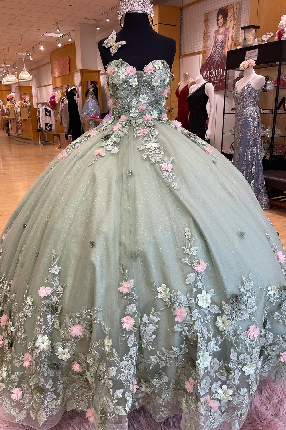 Sage Floral Sweetheart Ball Gown Tulle Quinceanera Dress with Appliques