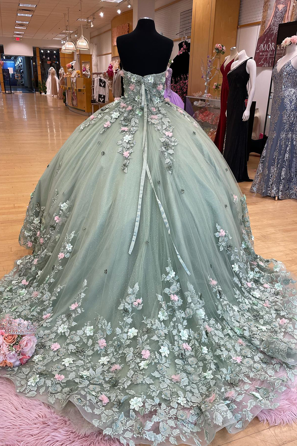 Sage Floral Sweetheart Ball Gown Tulle Quinceanera Dress with Appliques