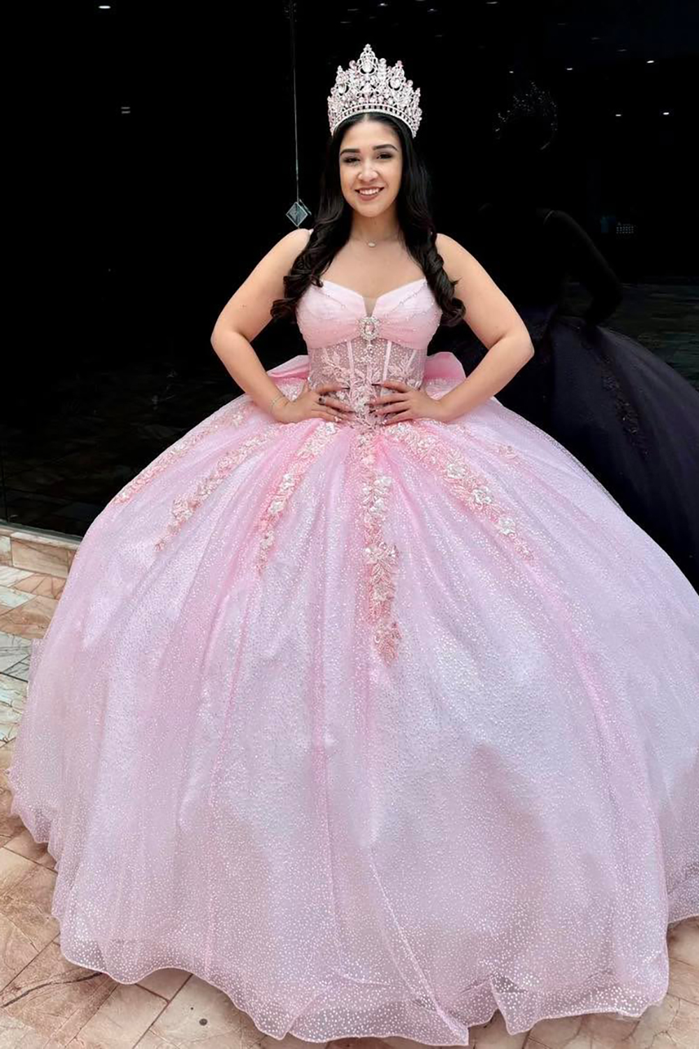 Sparkly Blush Pink Spaghetti Straps Princess Tulle Applique Quinceanera Dress with Bow