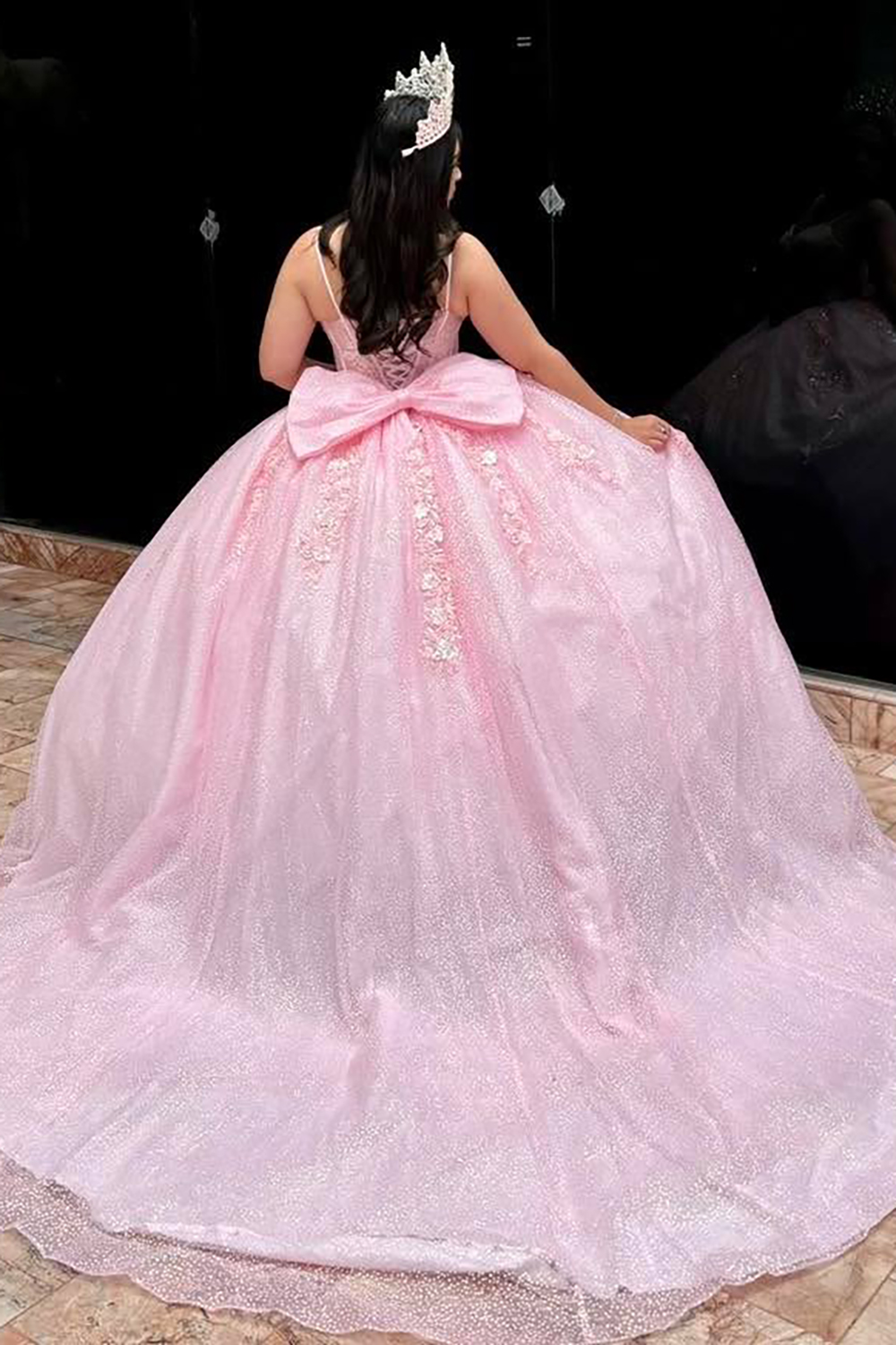 Sparkly Blush Pink Spaghetti Straps Princess Tulle Applique Quinceanera Dress with Bow