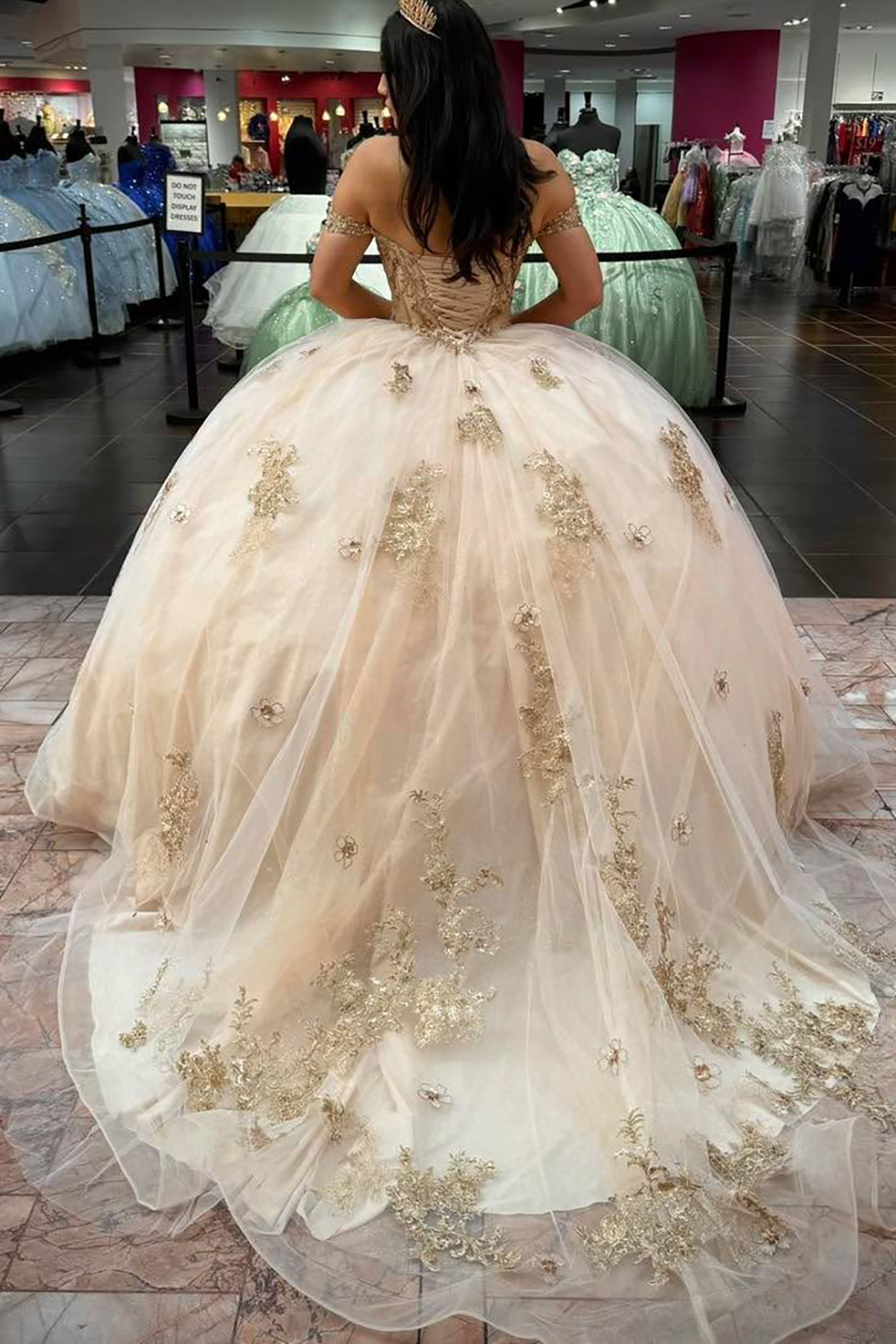 Champagne Off the Shoulder Princess Tulle Quinceanera Dress with Appliques