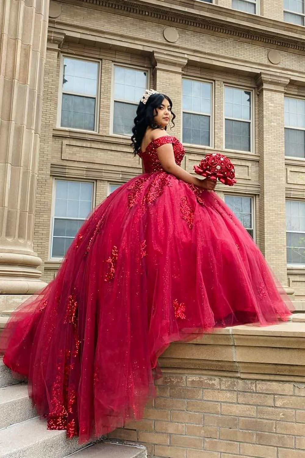 Burgundy Off the Shoulder Ball Gown Tulle Quinceanera Dress with Appliques