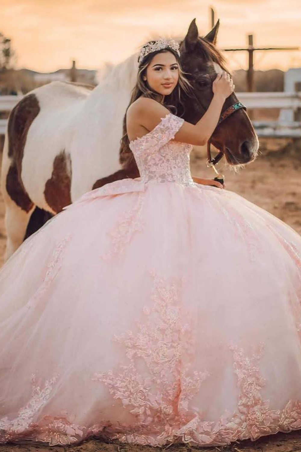 Blush Pink Off the Shoulder Applique Ball Gown Tulle Quinceanera Dress with Train
