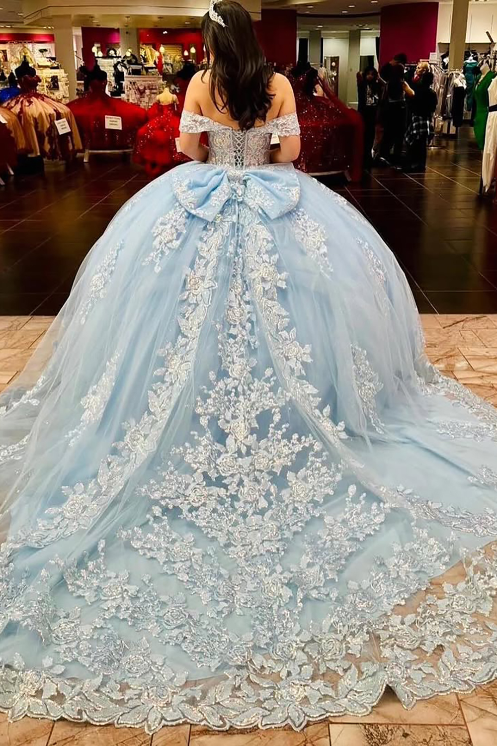 Sky Blue Off the Shoulder Applique Princess Tulle Quinceanera Dress with Train
