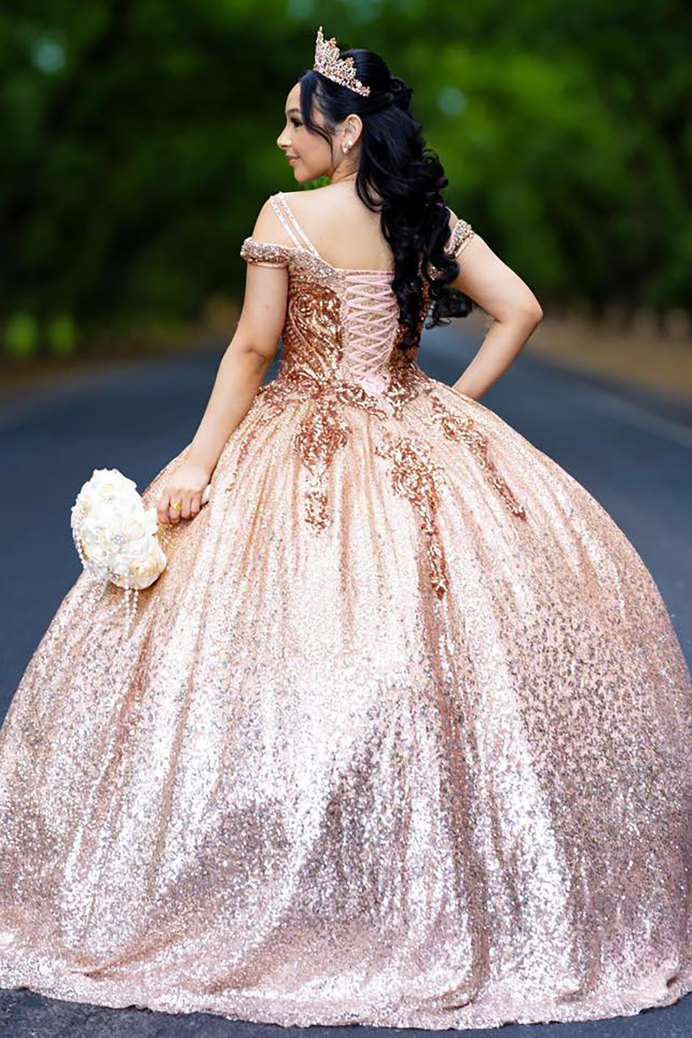 Sparkly Gold Rose Cold Sweetheart Sequin Applique Princess Tulle Quinceanera Dress with Beading