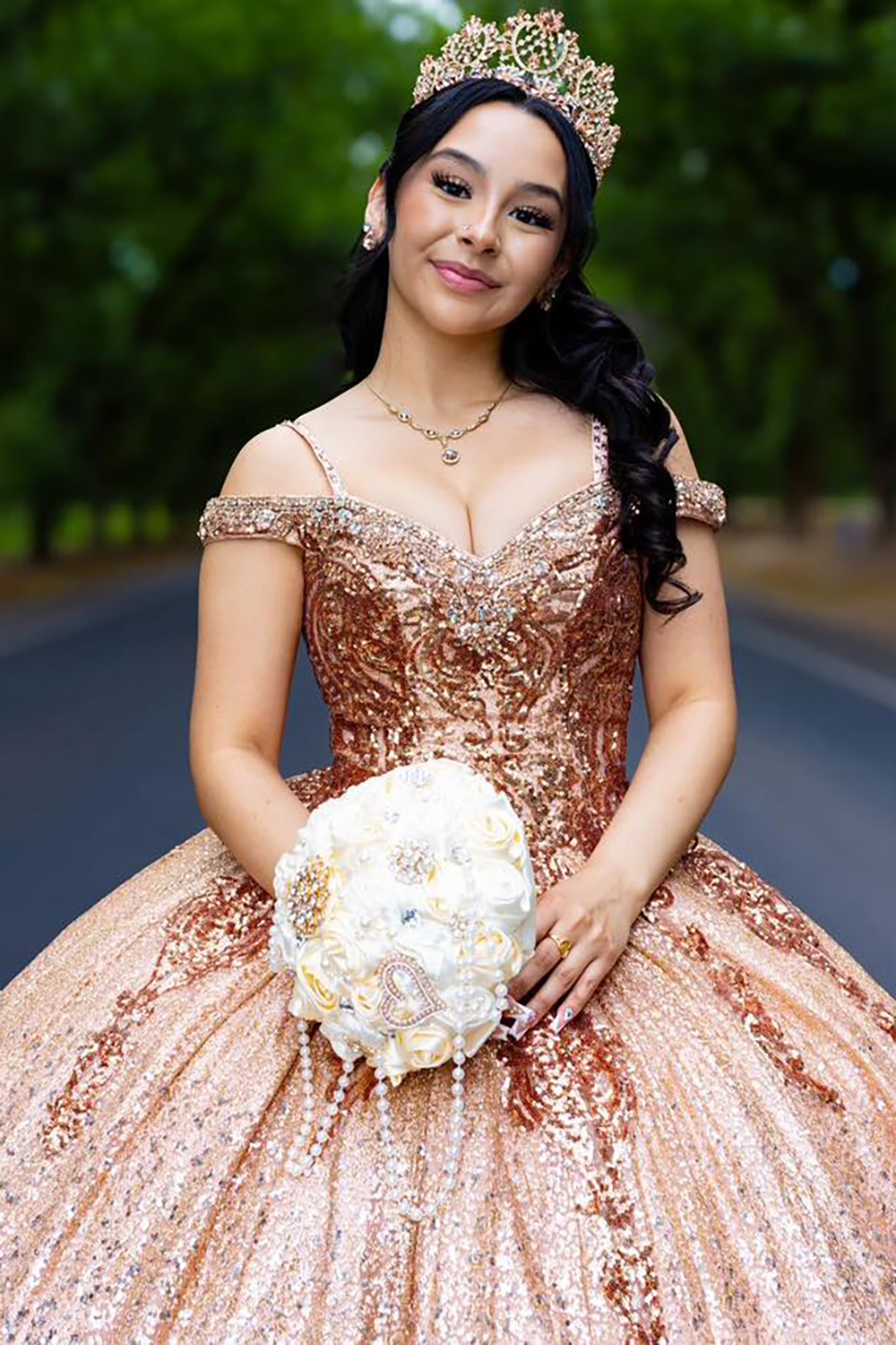 Sparkly Gold Rose Cold Sweetheart Sequin Applique Princess Tulle Quinceanera Dress with Beading