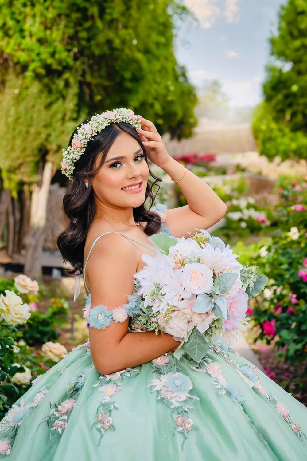 Sage Cold Sweetheart Applique Ball Gown Satin Quinceanera Dress