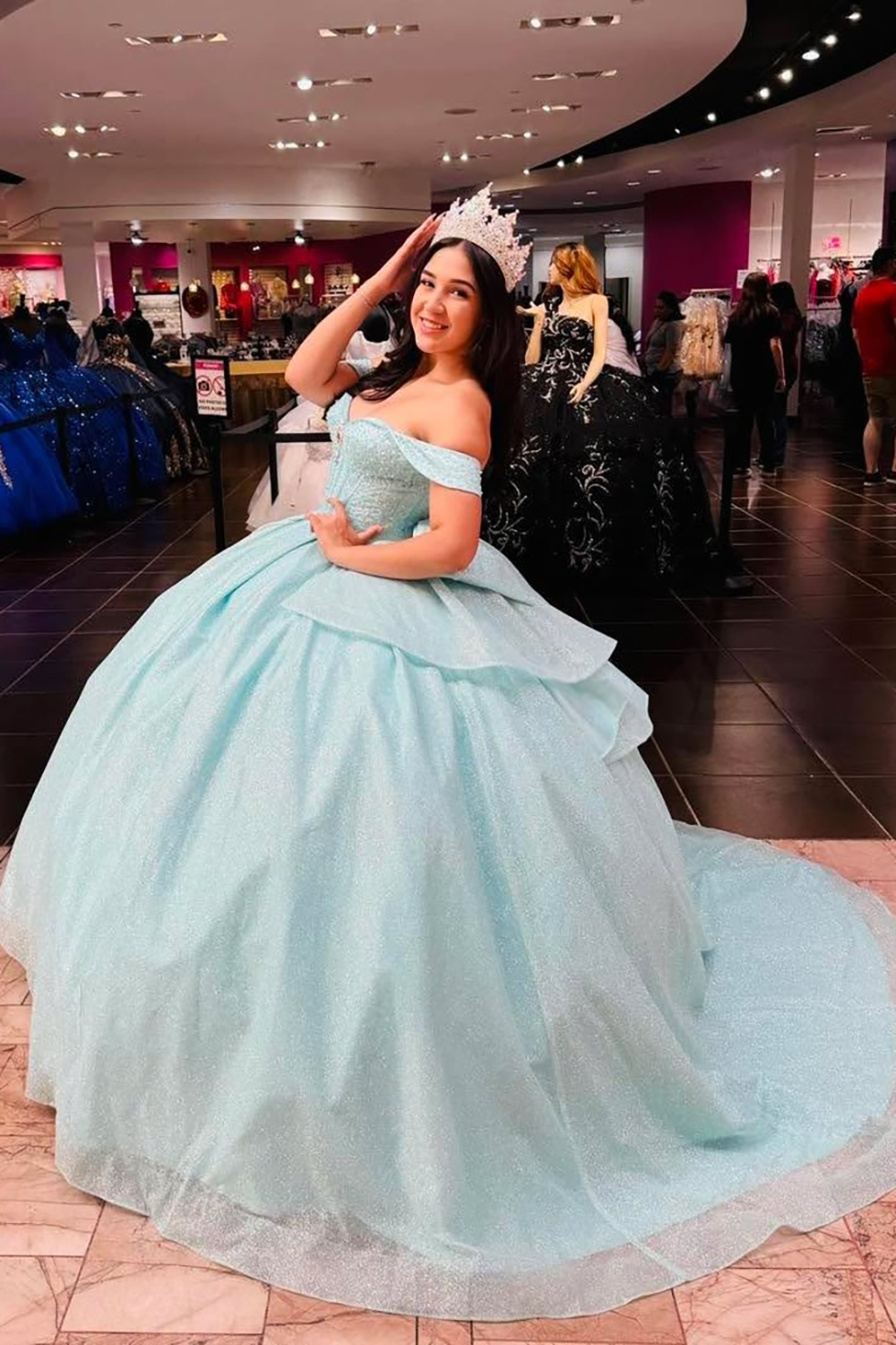 Sparkly Mint Off the Shoulder Sequin Applique Princess Tulle Quinceanera Dress with Bow