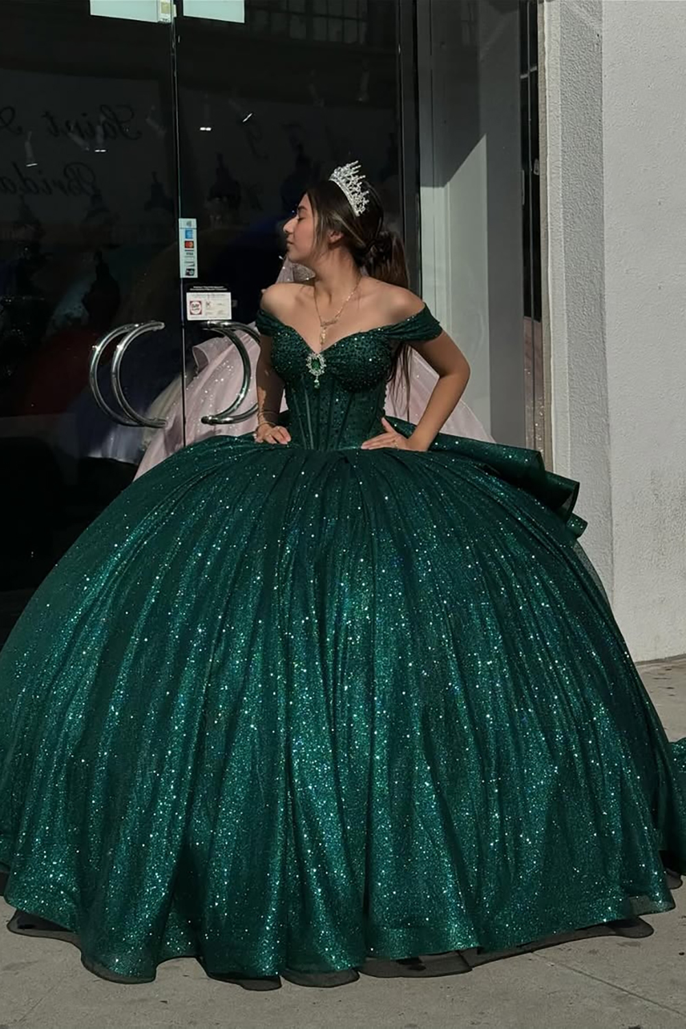 Sparkly Mint Off the Shoulder Sequin Applique Princess Tulle Quinceanera Dress with Bow