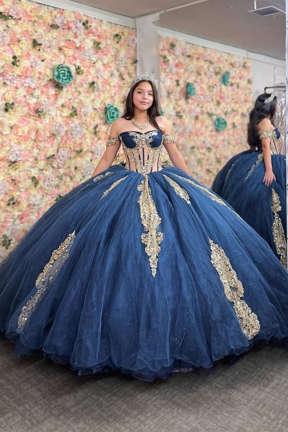 Navy Golden Off the Shoulder Beaded Applique Ball Gown Tulle Quinceanera Dress with Train