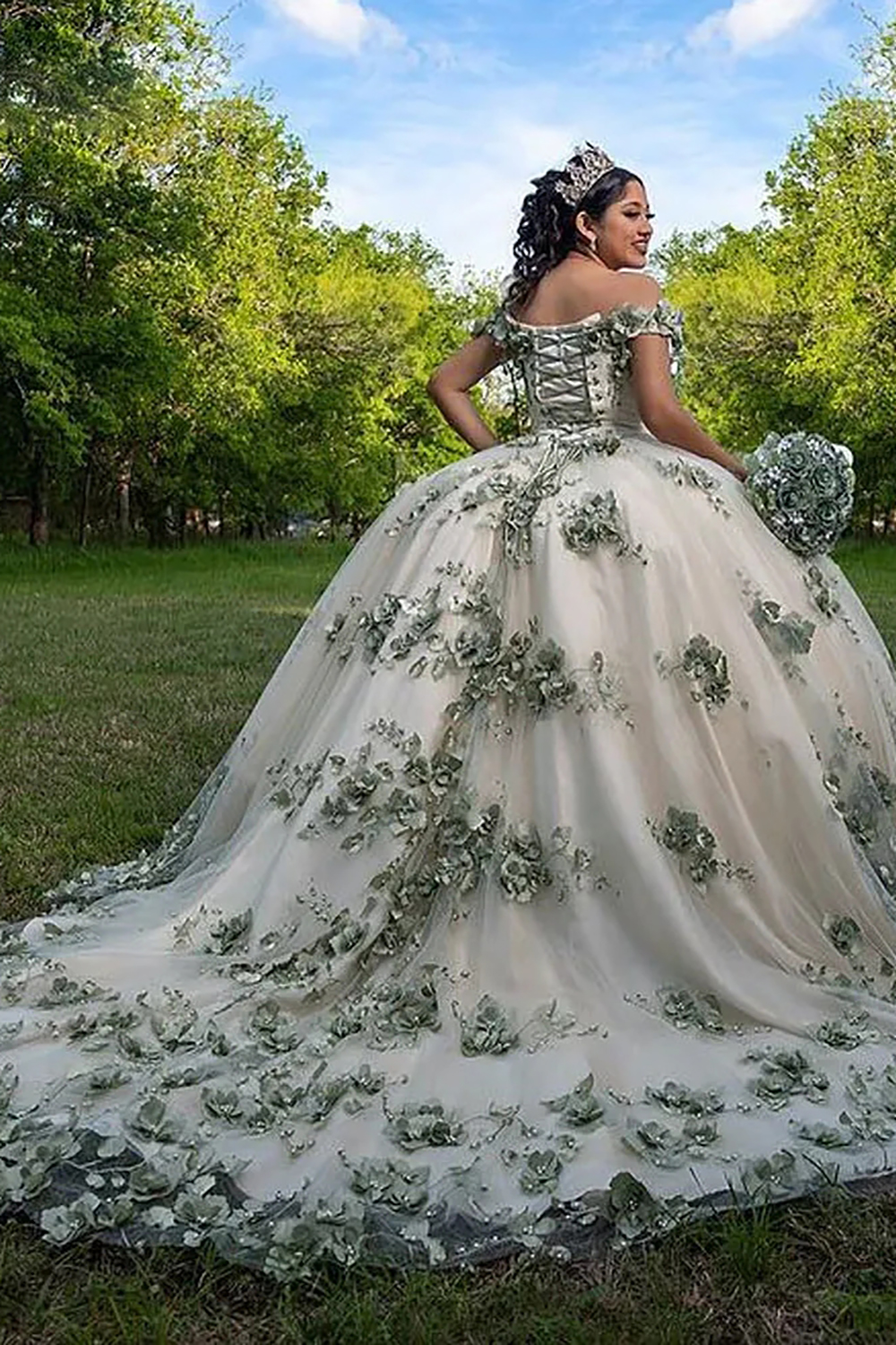 Black Champagne Floral Off the Shoulder Applique Princess Tulle Quinceanera Dress with Train