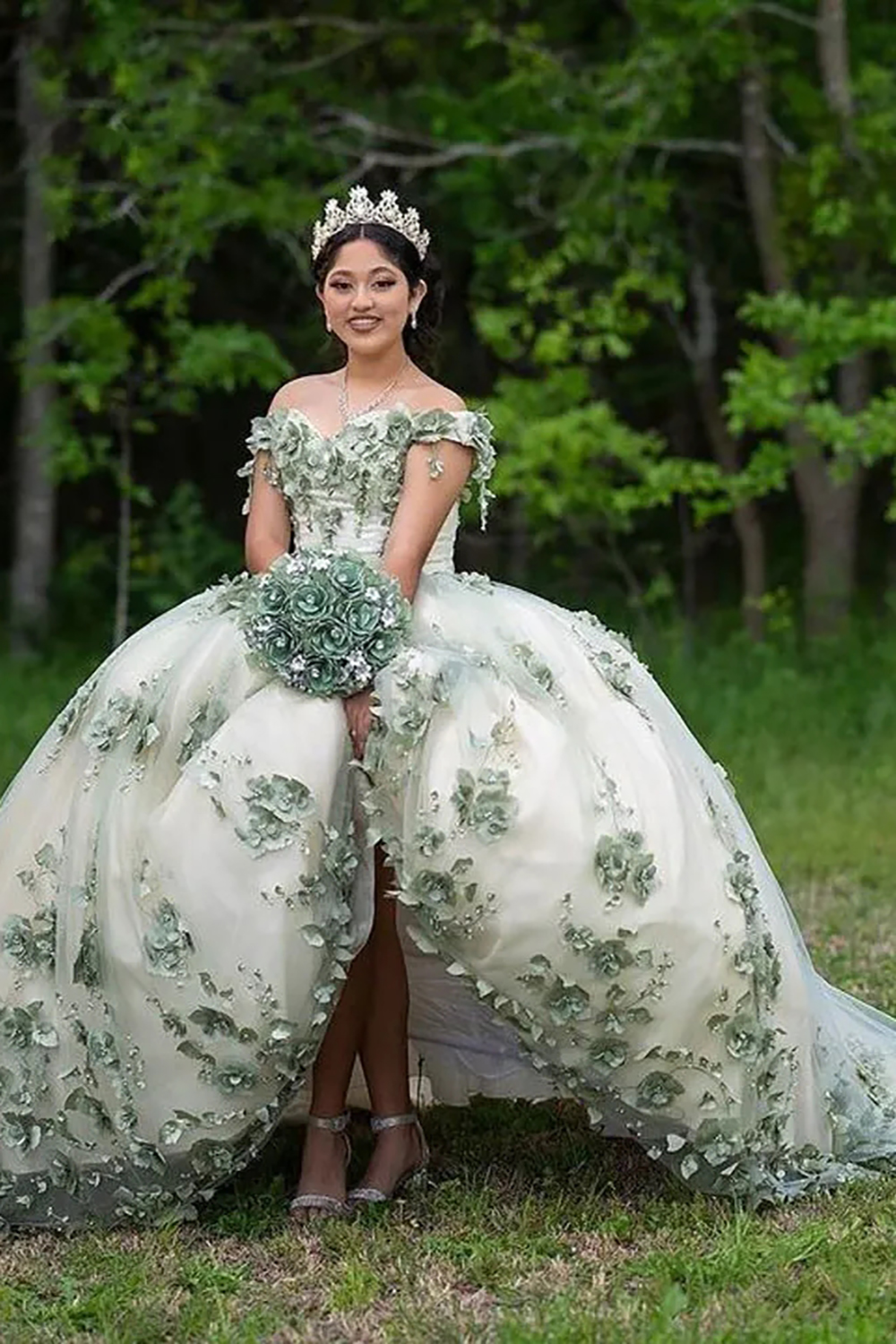 Black Champagne Floral Off the Shoulder Applique Princess Tulle Quinceanera Dress with Train