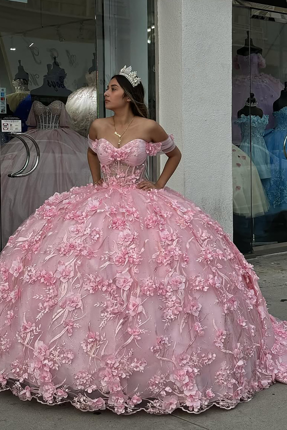 Blush Pink Floral Off the Shoulder Applique Ball Gown Tulle Quinceanera Dress