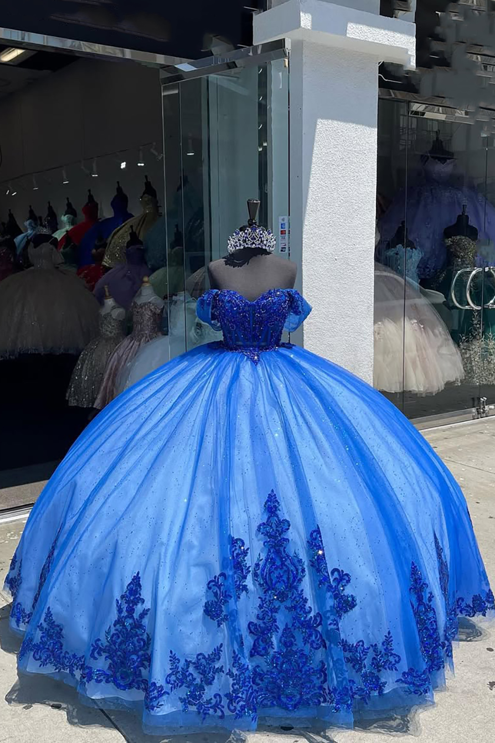 Sparkly Royal Blue Off the Shoulder Sequin Applique Ball Gown Tulle Quinceanera Dress with Train