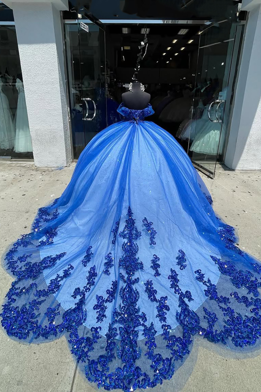 Sparkly Royal Blue Off the Shoulder Sequin Applique Ball Gown Tulle Quinceanera Dress with Train
