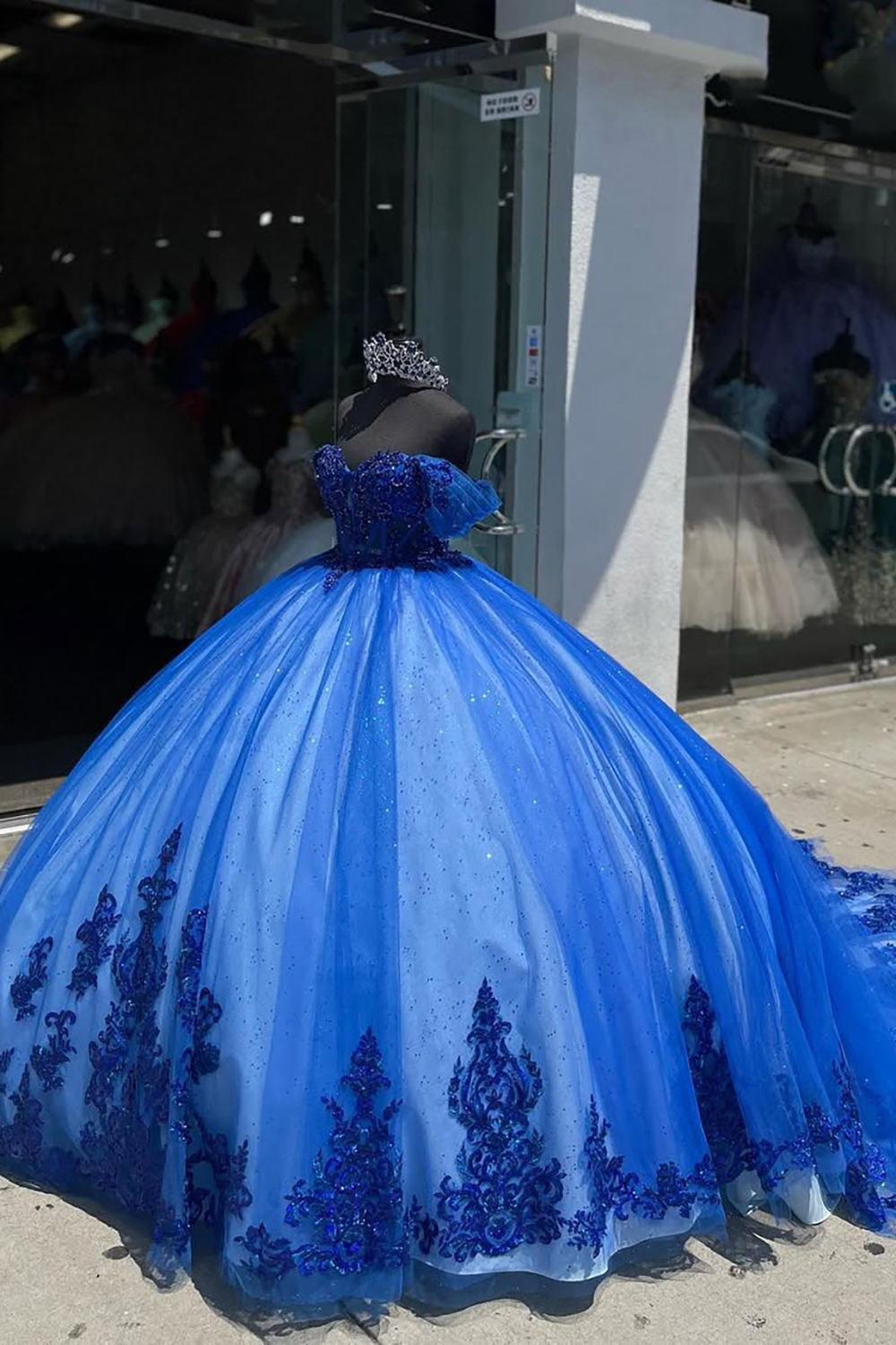 Sparkly Royal Blue Off the Shoulder Sequin Applique Ball Gown Tulle Quinceanera Dress with Train