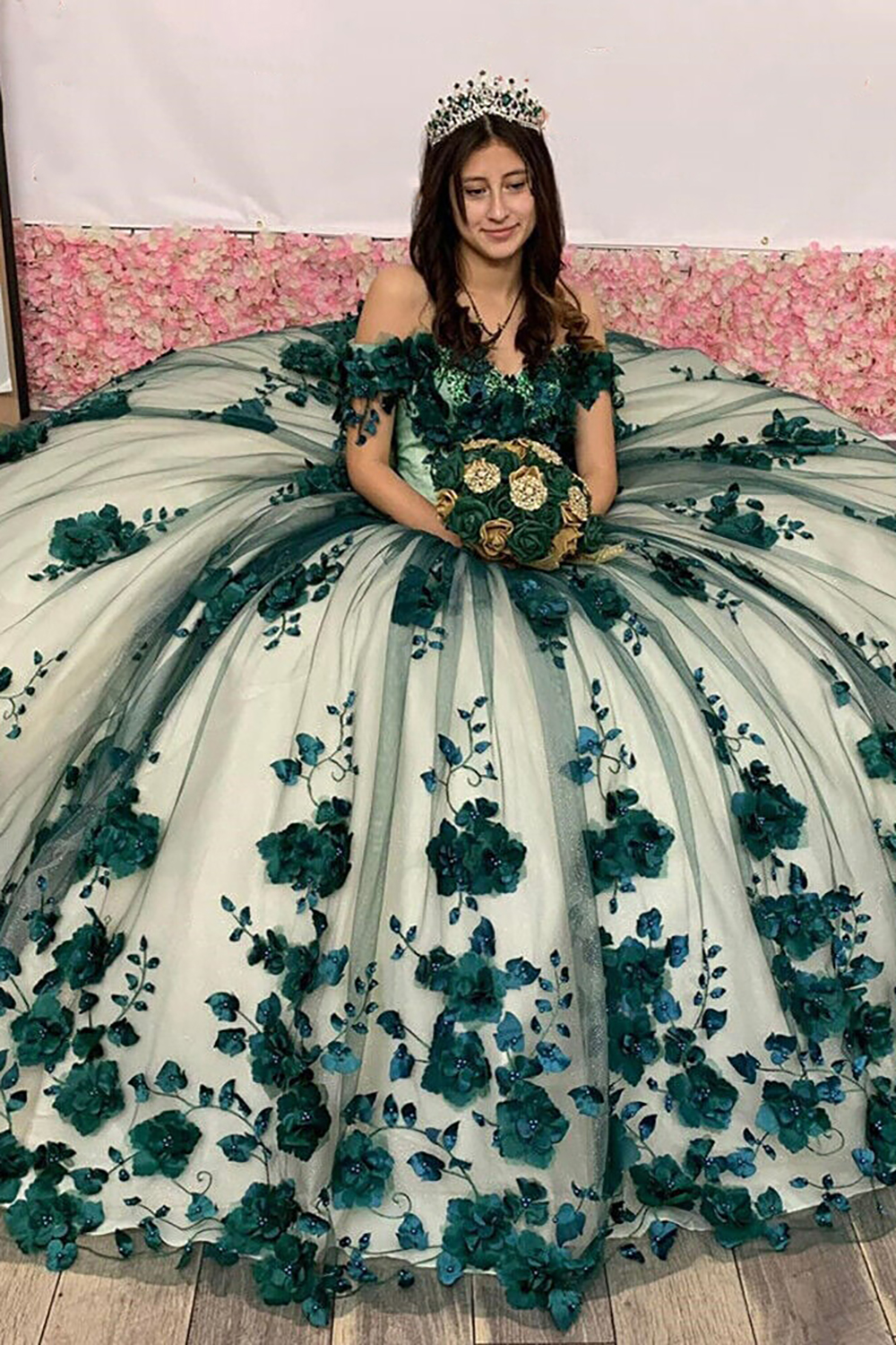 Black Champagne Floral Off the Shoulder Applique Princess Tulle Quinceanera Dress with Train