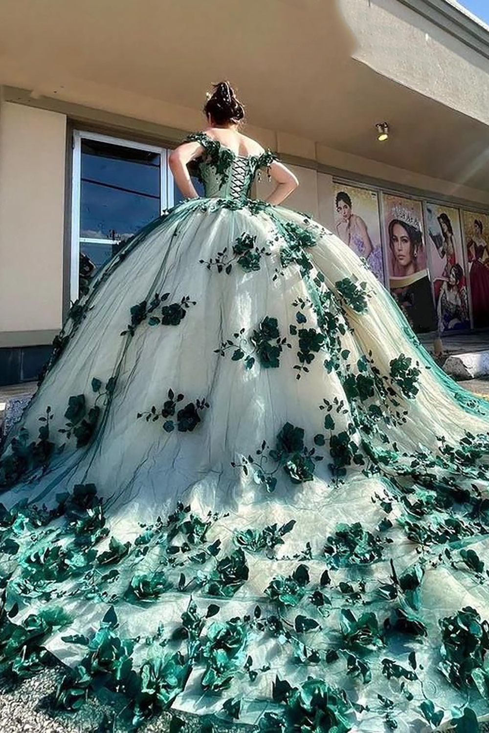 Black Champagne Floral Off the Shoulder Applique Princess Tulle Quinceanera Dress with Train