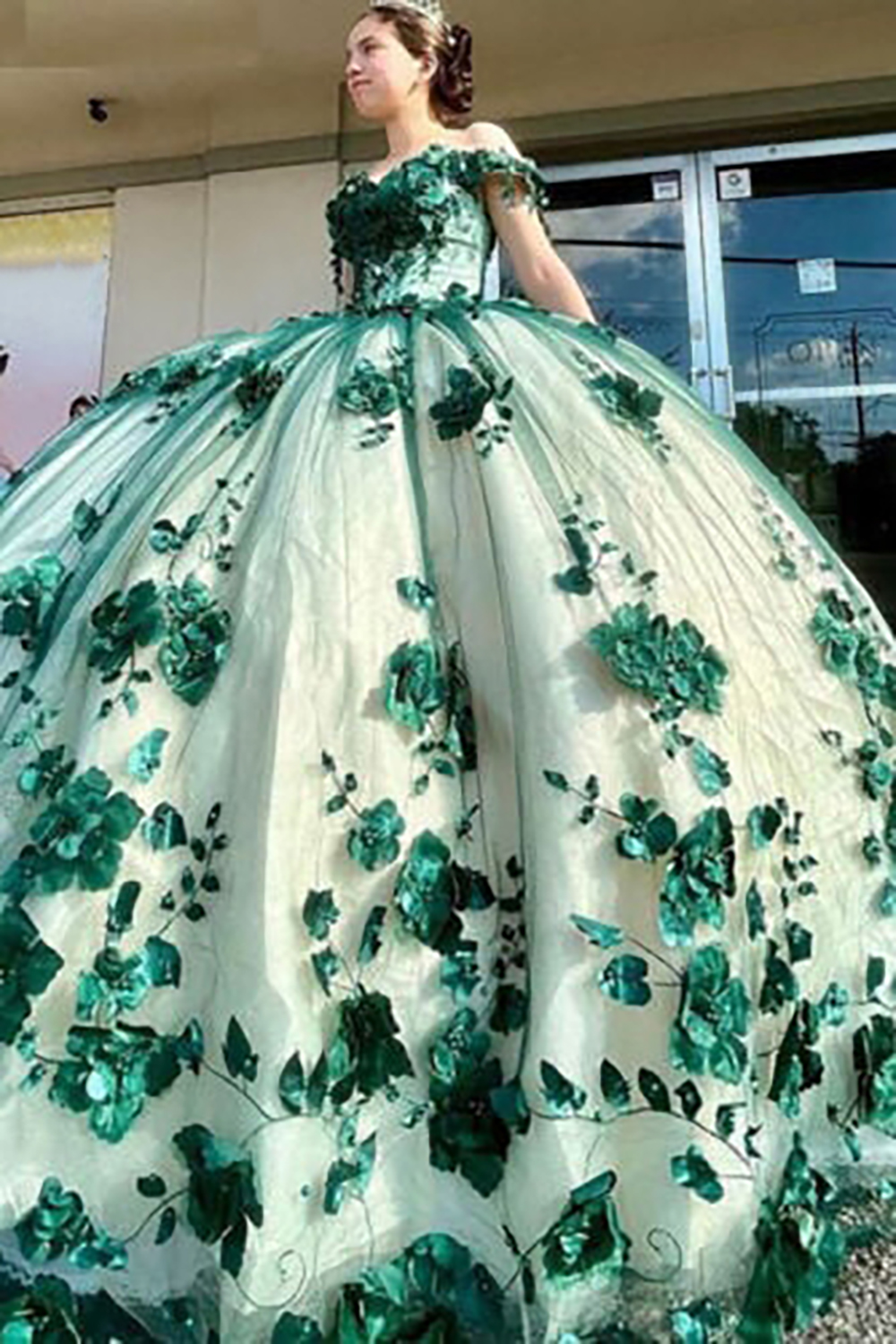Black Champagne Floral Off the Shoulder Applique Princess Tulle Quinceanera Dress with Train