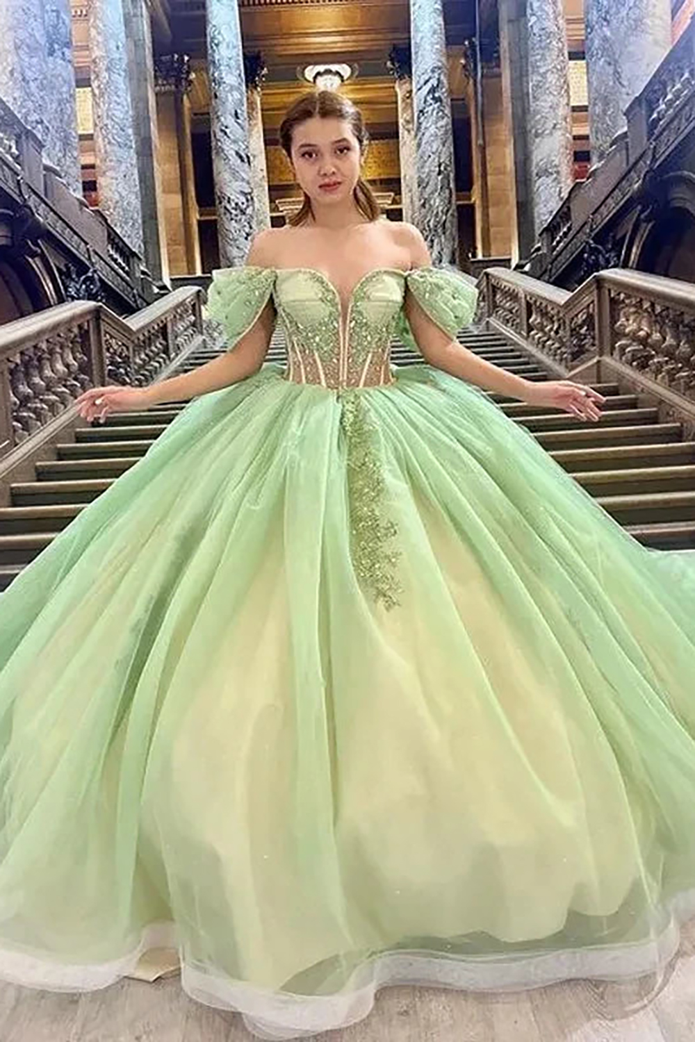 Duty Sage Off the Shoulder Beaded Applique Princess Tulle Quinceanera Dress with Train