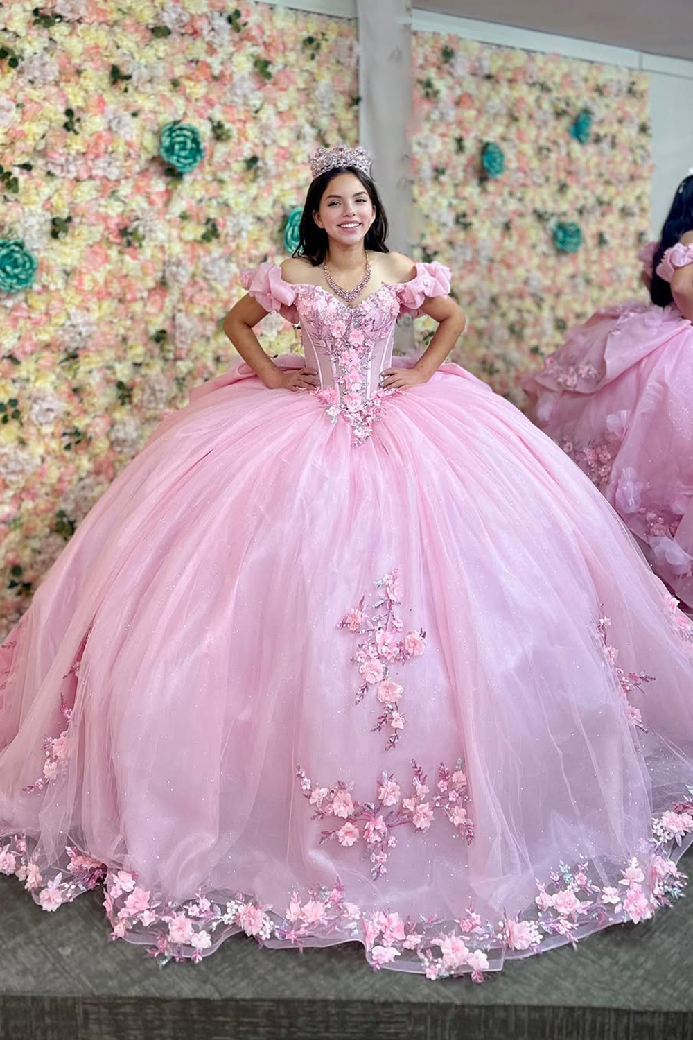 Candy Pink Floral Off the Shoulder Sequin Applique Princess Tulle Quinceanera Dress with Train