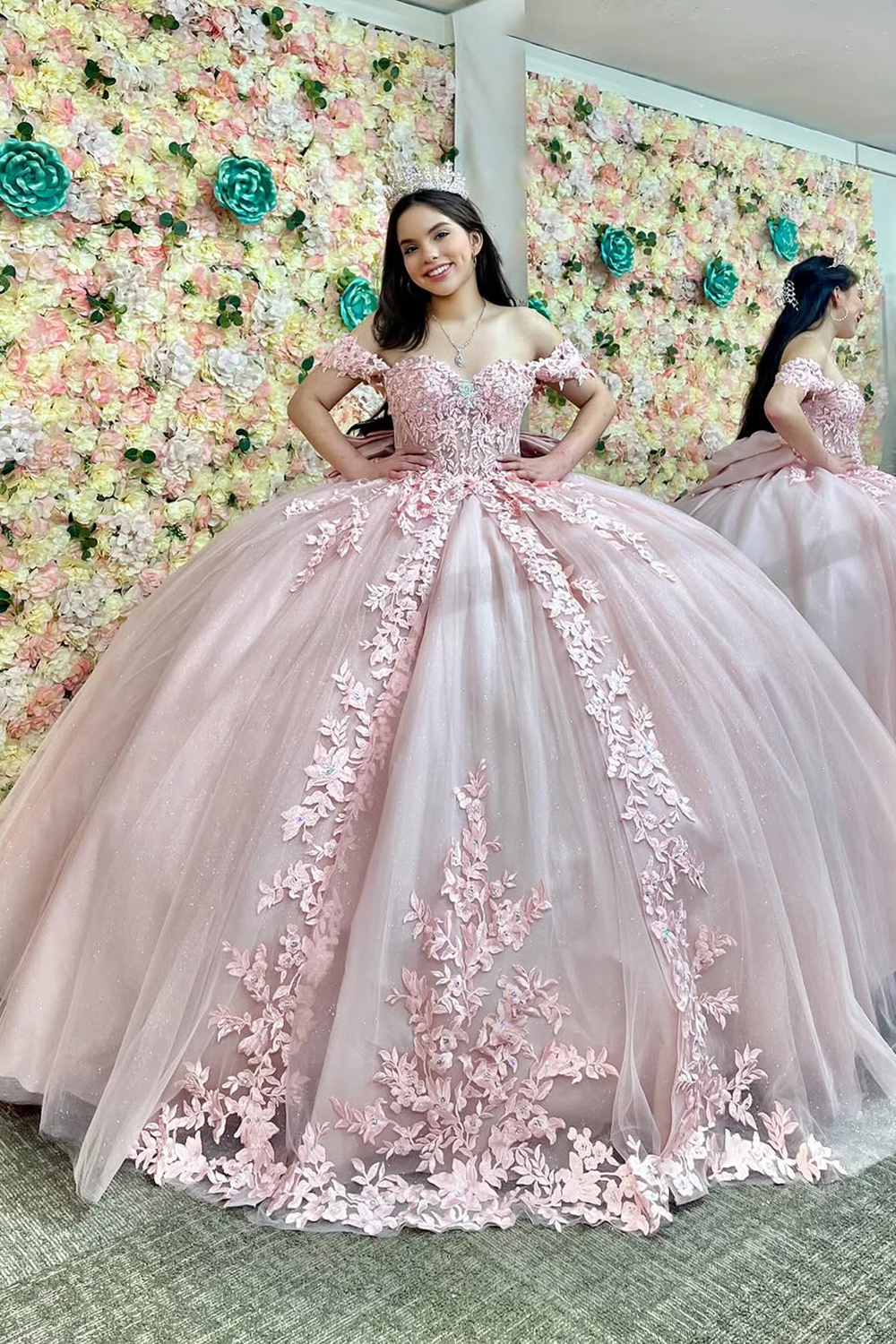 Blush Pink Off the Shoulder Beaded Applique Princess Tulle Quinceanera Dress with Bow