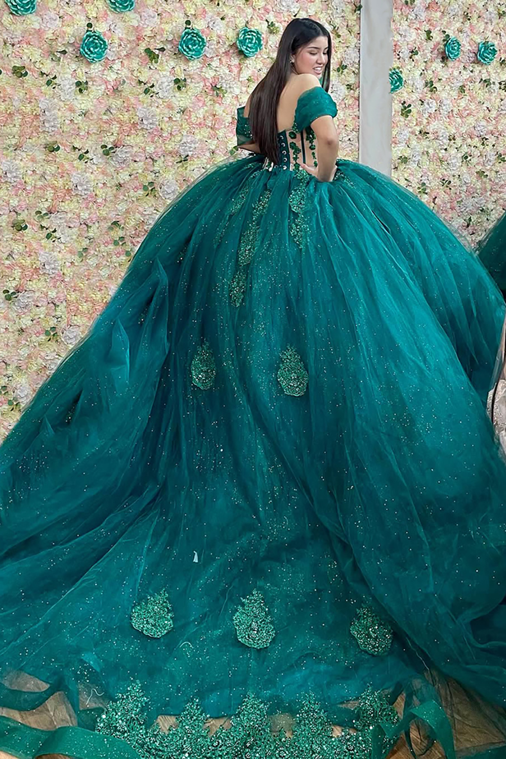 Sparkly Pine Off the Shoulder Applique Princess Tulle Quinceanera Dress with Train