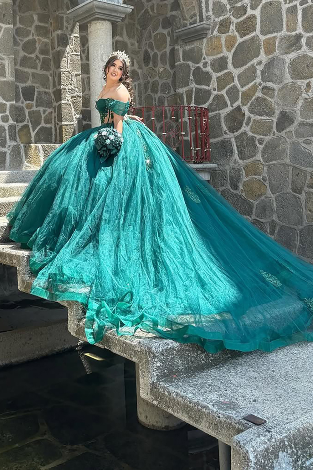 Sparkly Pine Off the Shoulder Applique Princess Tulle Quinceanera Dress with Train