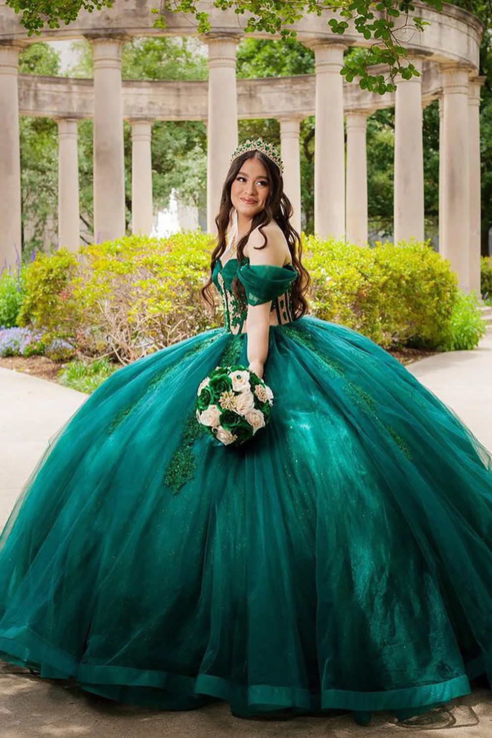 Sparkly Pine Off the Shoulder Applique Princess Tulle Quinceanera Dress with Train
