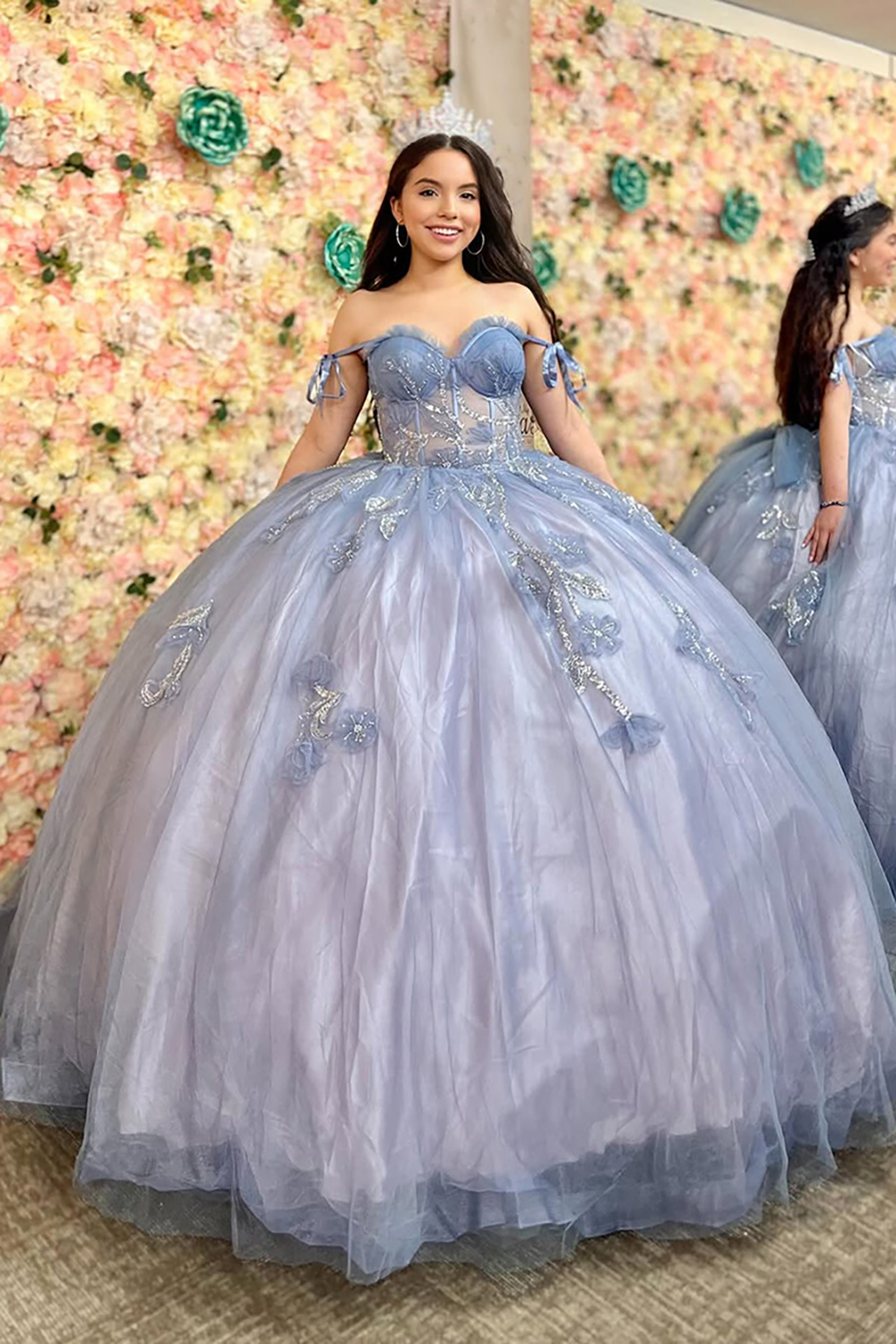 Dusty Blue Blush Off the Shoulder Beaded Applique Ball Gown Tulle Quinceanera Dress with Train