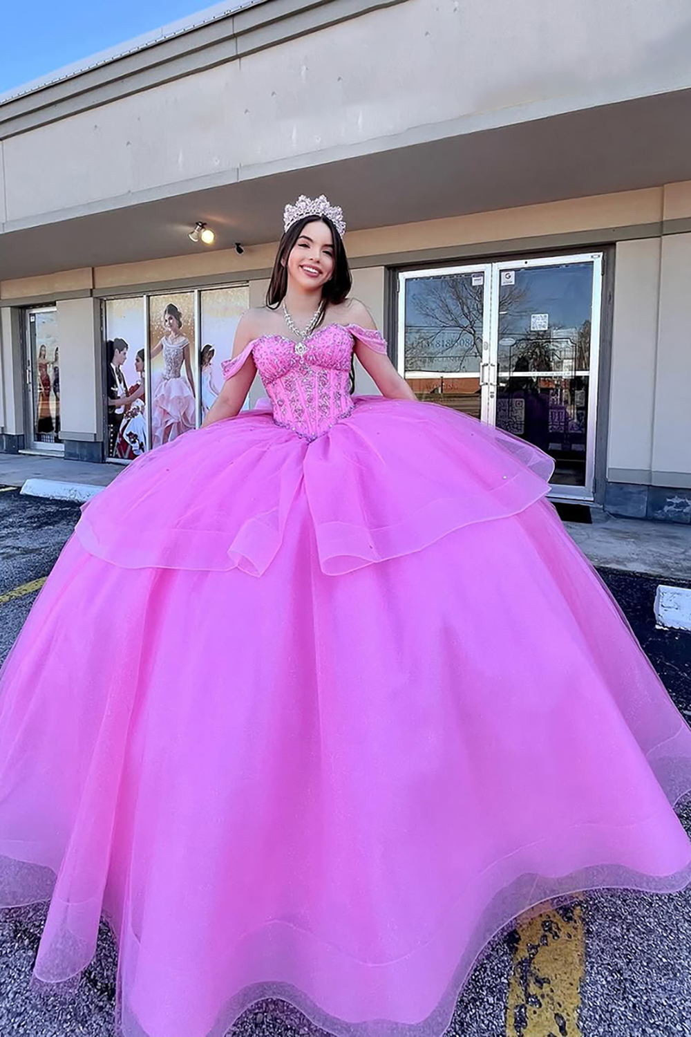 Candy Pink Off the Shoulder Squins Applique Princess Tulle Quinceanera Dress with Bow