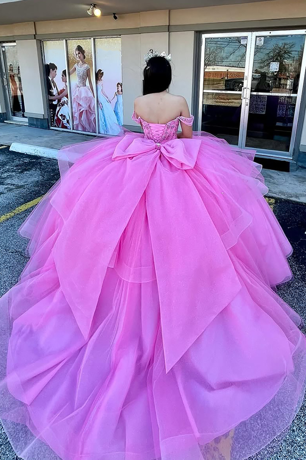 Candy Pink Off the Shoulder Squins Applique Princess Tulle Quinceanera Dress with Bow