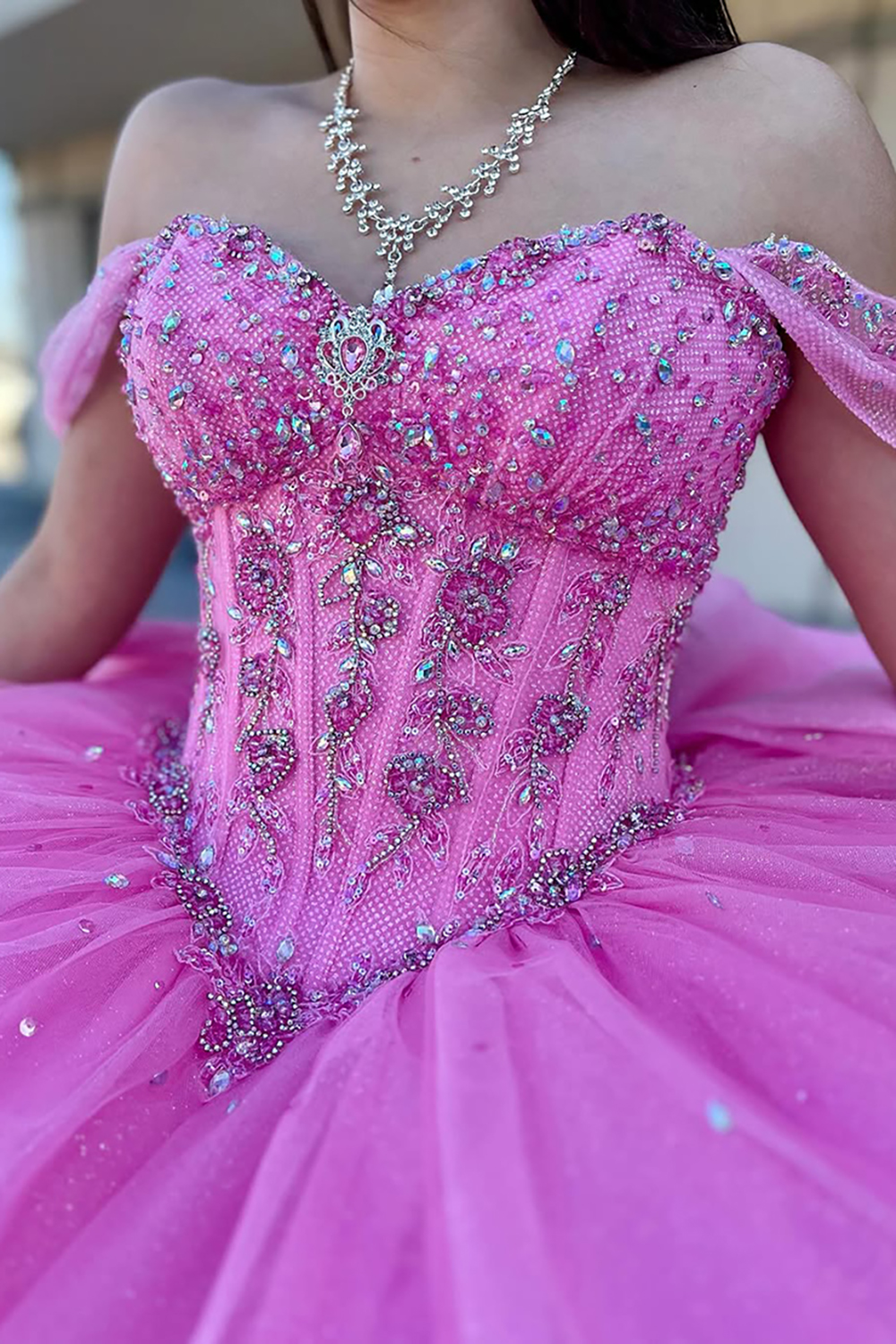 Candy Pink Off the Shoulder Squins Applique Princess Tulle Quinceanera Dress with Bow