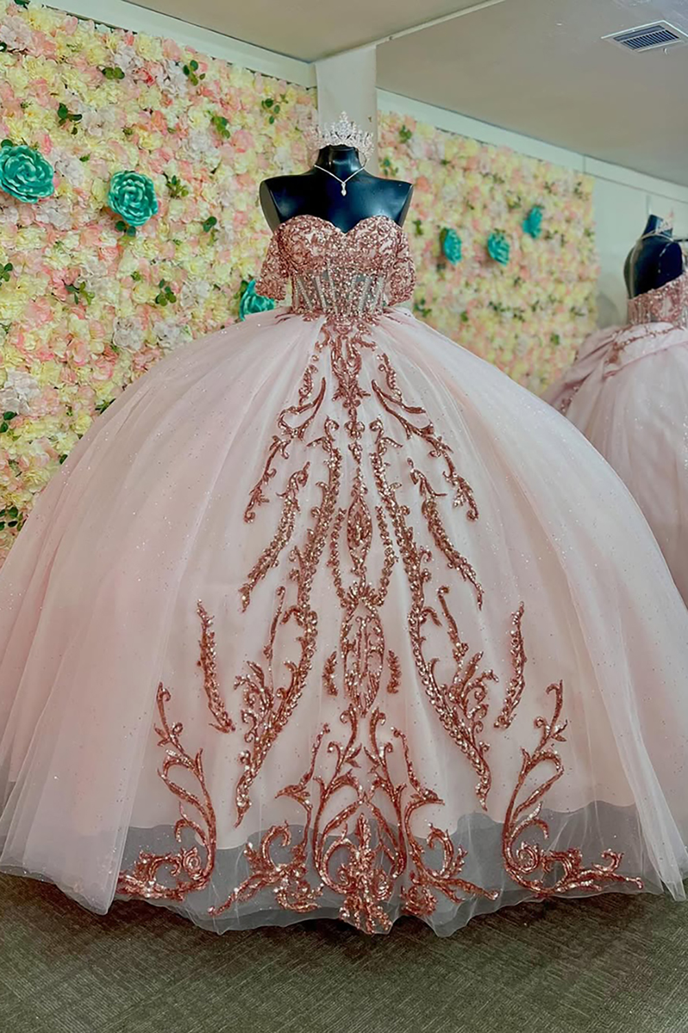 Dusty Rose Off the Shoulder Beaded Applique Princess Tulle Quinceanera Dress with Bow