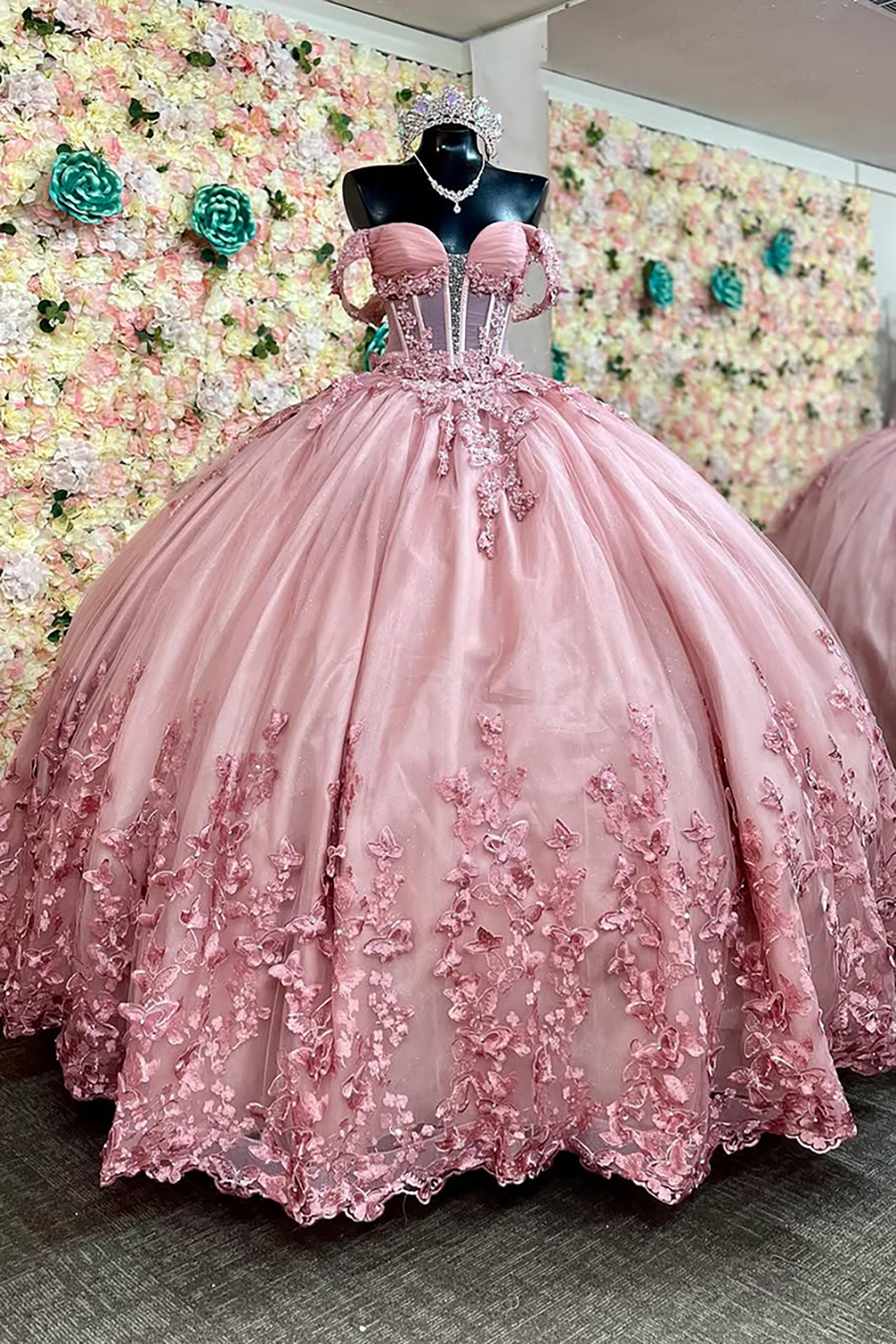 Dusty Rose Butterfly Off the Shoulder Applique Beaded Princess Tulle Quinceanera Dress with Train