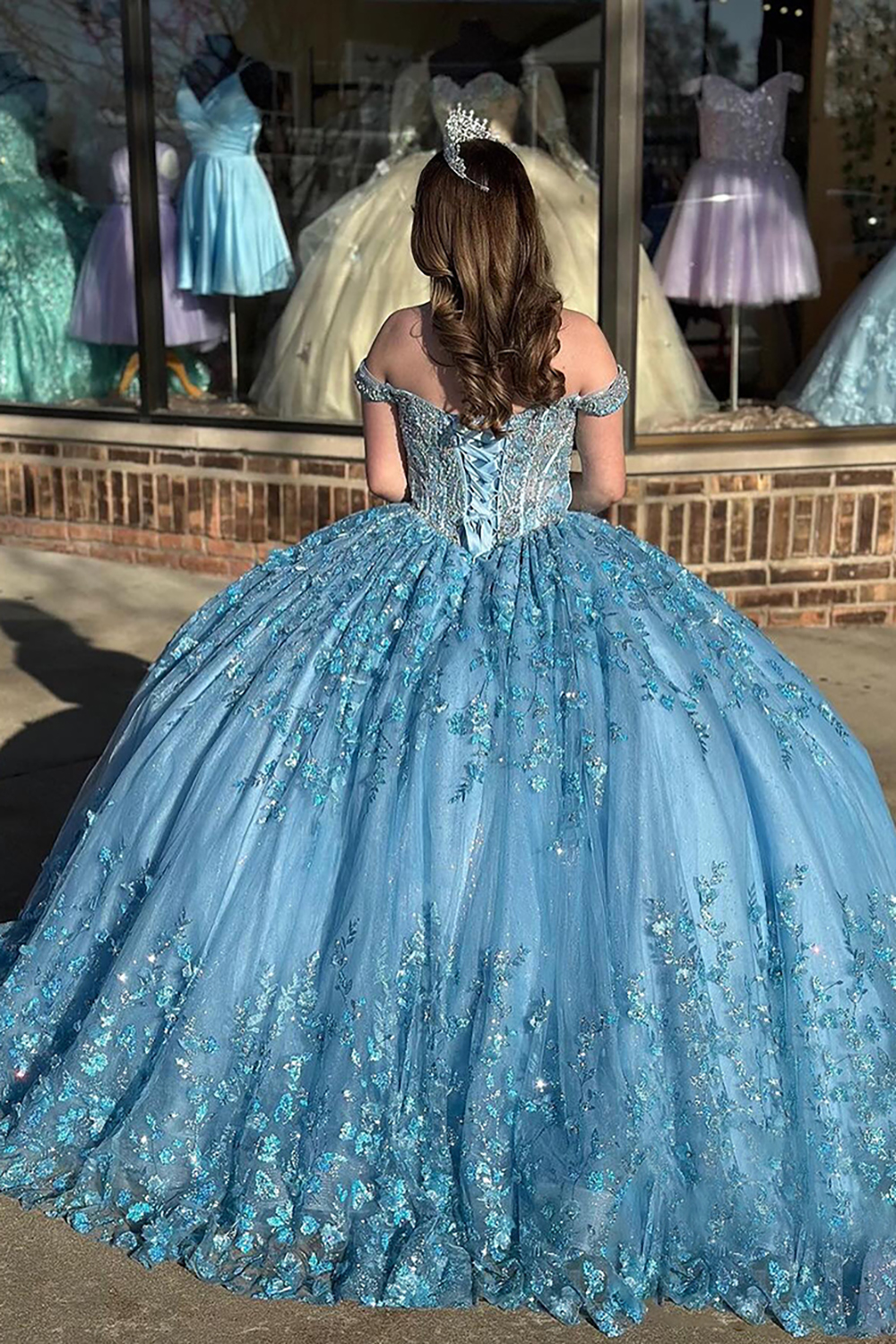 Blue Ball Gown Off the Shoulder Tulle Corset Quinceanera Dress with Appliques
