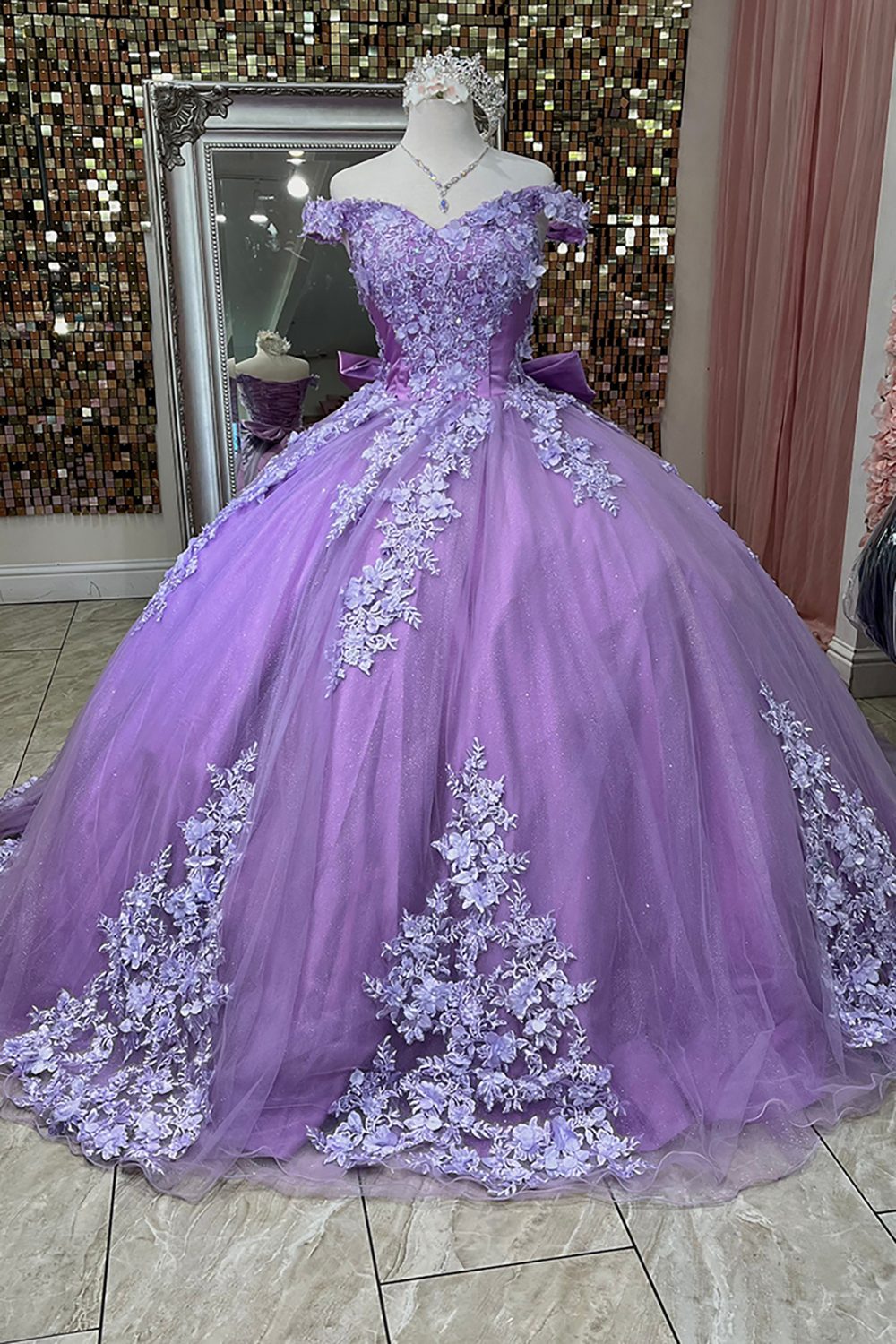 Purple Ball Gown Tulle Off the Shoulder Applique Quinceanera Dress